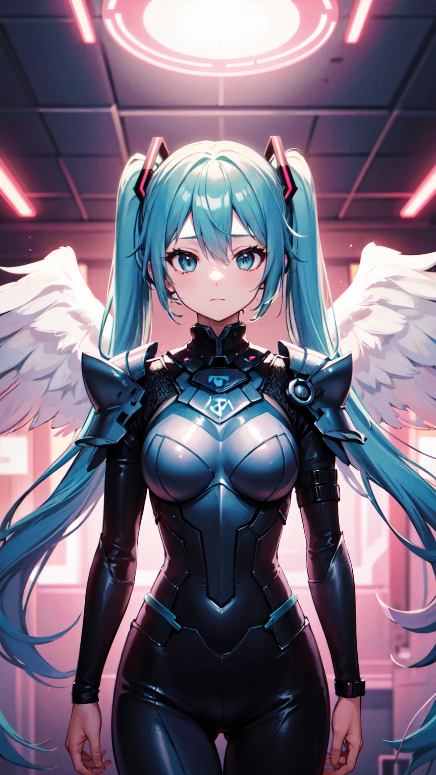 (Princess Knight), hatsune miku, ((wearing armor)), Angel wings, cyberpunk, noise removal, illustration, neon lights on the, Tabletop、Exquisite design、Visual Arts、Concept Artist、Five Fingers, Perfect body, {{{masterpiece}}}, {{{Highest quality}}}, {{Very detailed}}, {shape}, {{Very delicate and beautiful}},Improved cost performance、All Roles、Canon 5D MK4でphotograph、photograph,