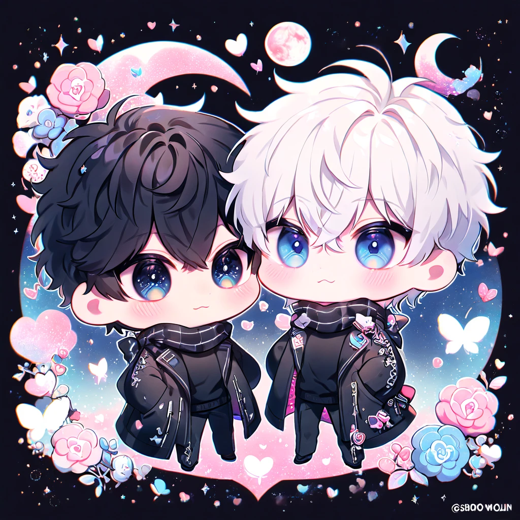 absurdres, highres, ultra detailed, HDR, master piece, best quality, extremely detailed face, delicated features, Kang Woojin chibi, black hair, messy hair, expressive dark blue eyes, Love Jinx, Gojou Satoru chibi, white hair, expressive blue eyes, white eyelashes, two boys together, gay couple, yaoi, cute, black coat, black sweater, black scarf, fantasy, magical, radiant, blossoms, pink flowers, pink butterflies, starry night, shining pink moon