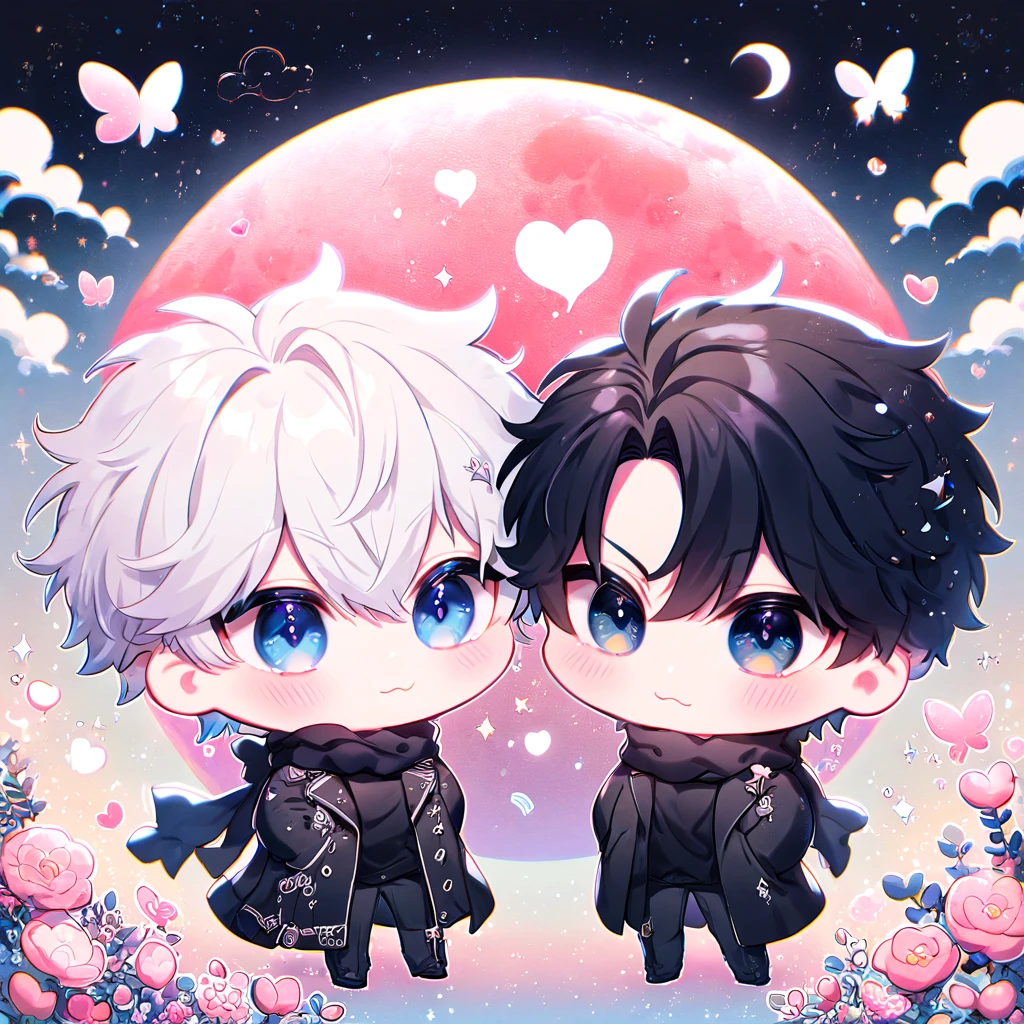 absurdres, highres, ultra detailed, HDR, master piece, best quality, extremely detailed face, delicated features, Kang Woojin chibi, black hair, messy hair, expressive dark blue eyes, Love Jinx, Gojou Satoru chibi, white hair, expressive blue eyes, white eyelashes, two boys together, gay couple, yaoi, cute, black coat, black sweater, black scarf, fantasy, magical, radiant, blossoms, pink flowers, pink butterflies, starry night, shining pink moon