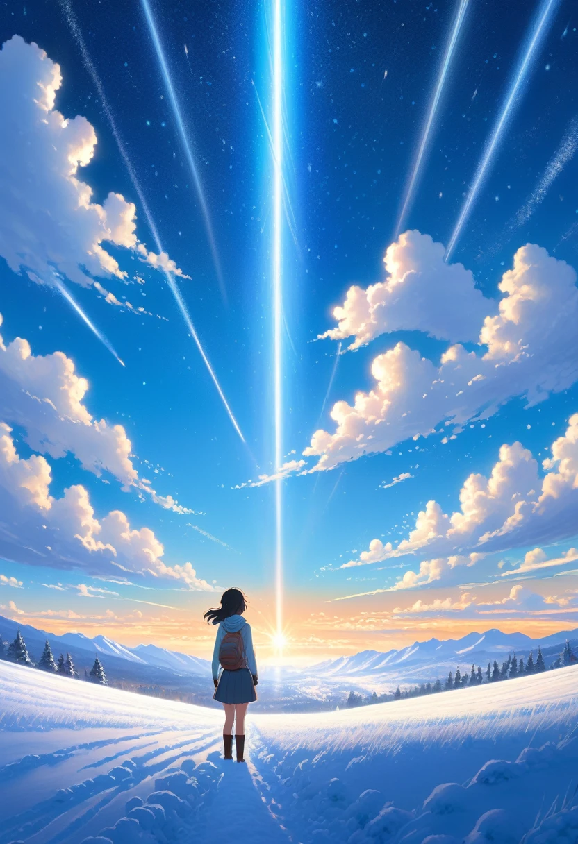A breathtaking panoramic pencil sketch inspired by Makoto Shinkai's "Your Name," depicting a winter landscape with a vast snowfield under a bright blue sky. In the foreground, a girl with a beautiful expression looks up at the expansive sky, surrounded by sparkling particles of light. The scene captures the essence of a masterpiece with the highest quality.