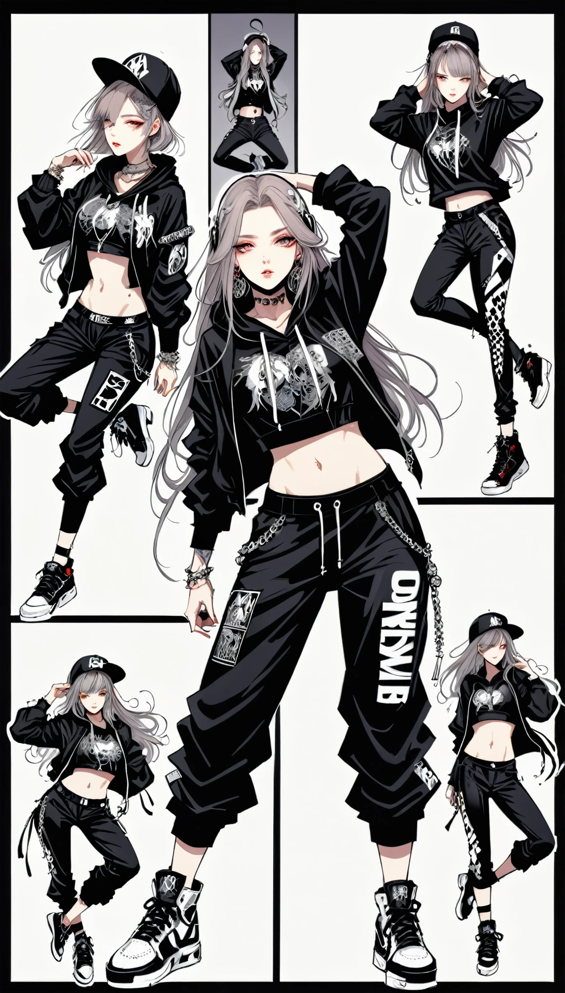 (in style of Harry Clarke:0.3),in style of Santiago Caruso,in style of Mike Azevedo,1girl,Hip-hop style costumes,Dynamic poses,Hip-hop pose,