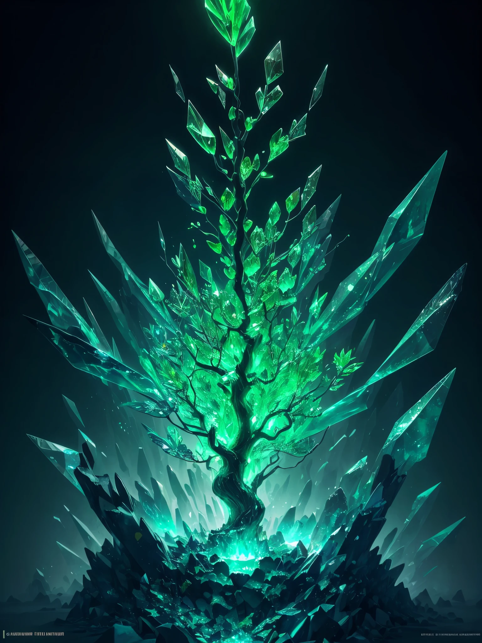 a green glowing tree with a leaf shaped like a tree, green crystal, glowing green crystals, full of glass. cgsociety, green aura, glowing green, elemental guardian of life, intricate a whole fantasy leaf, 🌺 cgsociety, emerald artifacts, by Stefan Lochner, trendin on artstation, rendered art, green glows, made of crystalized synapse