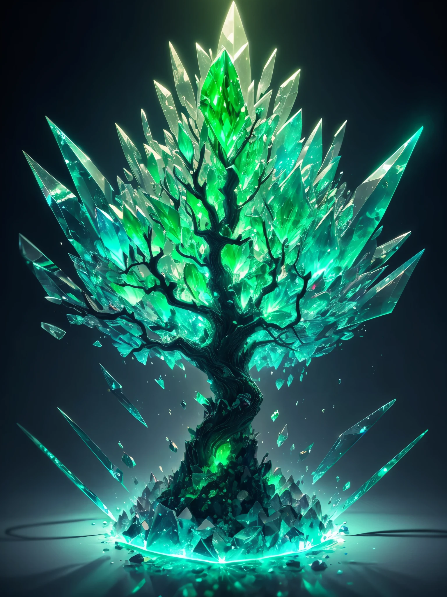 a green glowing tree with a leaf shaped like a tree, green crystal, glowing green crystals, full of glass. cgsociety, green aura, glowing green, elemental guardian of life, intricate a whole fantasy leaf, 🌺 cgsociety, emerald artifacts, by Stefan Lochner, trendin on artstation, rendered art, green glows, made of crystalized synapse