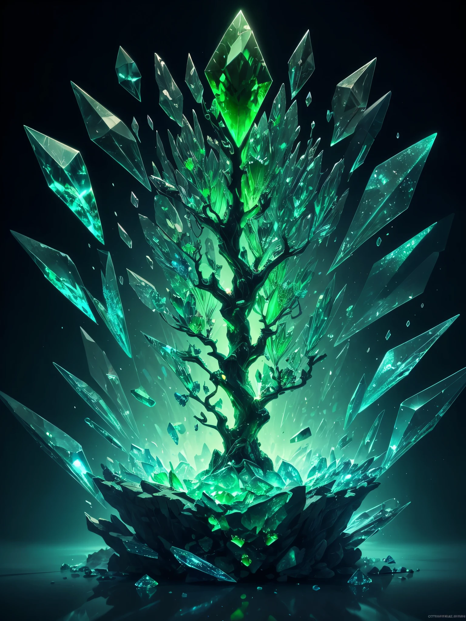 a green glowing tree with a leaf shaped like a tree, green crystal, glowing green crystals, full of glass. cgsociety, green aura, glowing green, elemental guardian of life, intricate a whole fantasy leaf, 🌺 cgsociety, emerald artifacts, by Stefan Lochner, trendin on artstation, rendered art, green glows, made of crystalized synapse