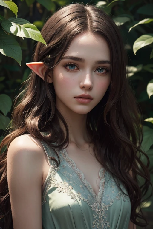 A mature elf lying in the foliage, with big red wavy hair, wearing transparent silk clothes, plump figure, delicate facial features, beautiful detailed eyes, beautiful detailed lips, extremely detailed face, long eyelashes, (best quality, 4k, 8k, highres, masterpiece:1.2), ultra-detailed, (realistic, photorealistic, photo-realistic:1.37), Nordic woman, approximately 18 years old, surreal, ethereal, dramatic lighting, detailed foliage, intricate details, vivid colors, fantasy, cinematic