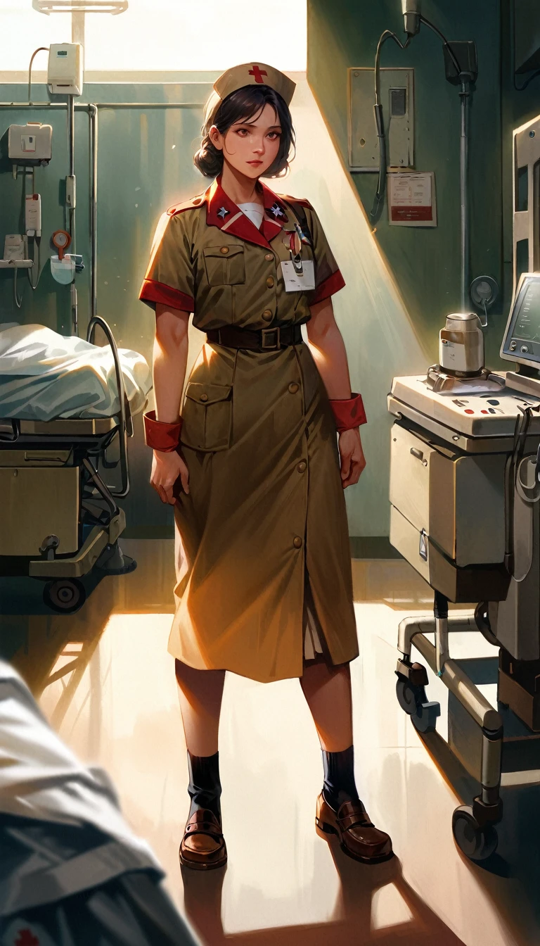 a 25 year old woman working as a nurse in a war hospital during World War II, helping wounded soldiers, full body shot, highly detailed, realistic, masterpiece, cinematic lighting, warm tones, depth of field, volumetric fog, dramatic shadows, realistic human anatomy, medical equipment, hospital interior, ww2 uniform