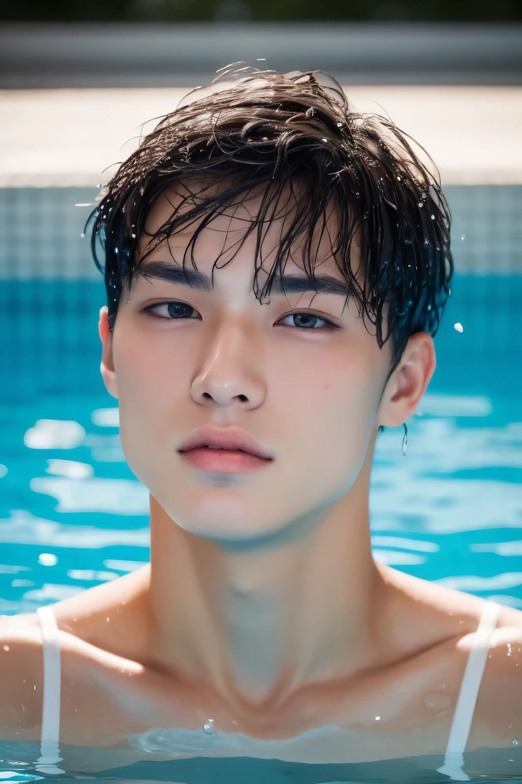 Portrait of muscular boy， mature，swimmingpool，18 year old boy，Wet with，tmasterpiece