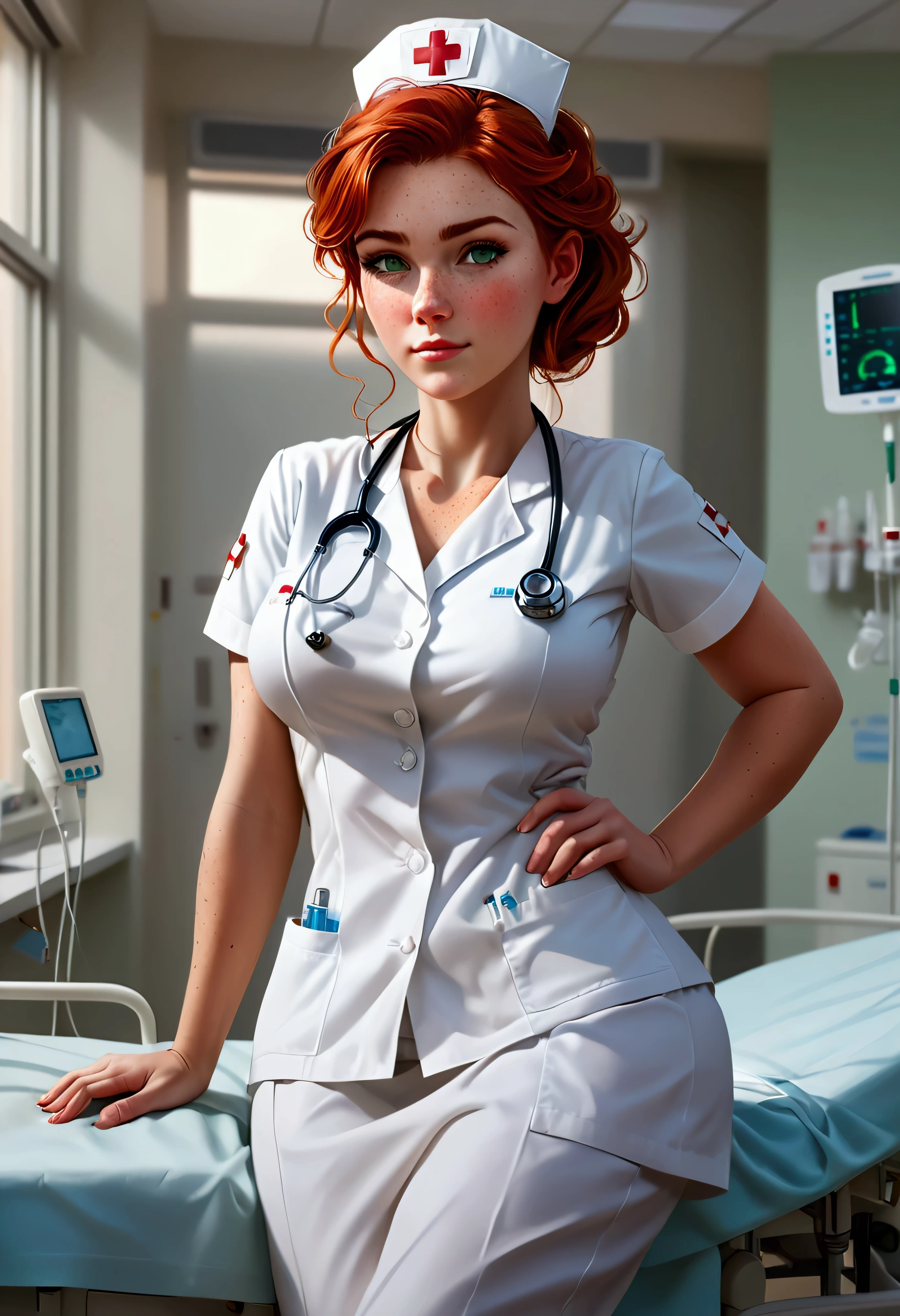 Create a stunning, ultra-high-definition image in 16K resolution that captures the serene and professional atmosphere of a modern hospital room with a realistic photo aesthetic. | Visualize a beautiful female nurse with cute freckles and vibrant red hair, embodying both kindness and competence. She has warm, expressive green eyes and a natural beauty that shines through her caring demeanor. She is dressed in a stylish yet practical nurse's outfit, featuring a crisp white uniform with light blue accents, a name tag, and comfortable, clean shoes. Her attire should blend traditional medical elements with subtle contemporary touches. | The scene is set in a bright and clean hospital room with advanced medical equipment, a patient bed, and large windows letting in natural light. The walls are painted in calming pastel colors, and the environment exudes a sense of calm and professionalism. | Capture the nurse in a dynamic yet gentle pose, perhaps with one hand holding a clipboard and the other adjusting an IV drip, as she attentively cares for a patient. Her expression should convey a mix of compassion and focus, with a hint of warmth. The camera angle should emphasize her full body, highlighting the details of her uniform and her attentive, nurturing presence. | The overall ambiance should integrate soothing colors and rich details, creating a sense of depth and immersion in this modern medical setting. Ensure anatomical correctness, with a focus on ultra-detailed textures and high-quality rendering, capturing every nuance of the nurse's appearance and her professional surroundings. This masterpiece should embody the spirit of care and dedication, immersing viewers in its lifelike depiction. | Keywords: (beautiful female nurse:1.3), ((realistic photo)), ((cute freckles):1.2), ((modern hospital)), ((attentive pose)).