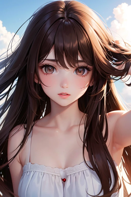 (Frightening:1.3) Close-up photos, CherryNobodySD15, (Pretty Face:1.1), (25 years:1.5), delicate eyes, Dynamic poses, (big eyes:1.0), (Fit body:1.1), (Long wavy hair:1.2), naked, Wear (:1.1), Beach, (primary color:1.3)