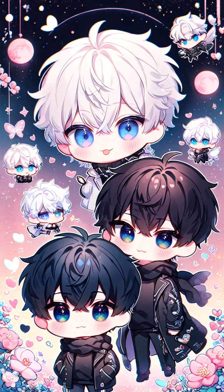 absurdres, highres, ultra detailed, HDR, master piece, best quality, extremely detailed face, delicated features, Kang Woojin chibi, black hair, messy hair, expressive dark blue eyes, Love Jinx, Gojou Satoru chibi, white hair, expressive blue eyes, white eyelashes, two boys together, gay couple, yaoi, cute, black coat, black sweater, black scarf, fantasy, magical, radiant, blossoms, pink flowers, pink butterflies, starry night, shining pink moon