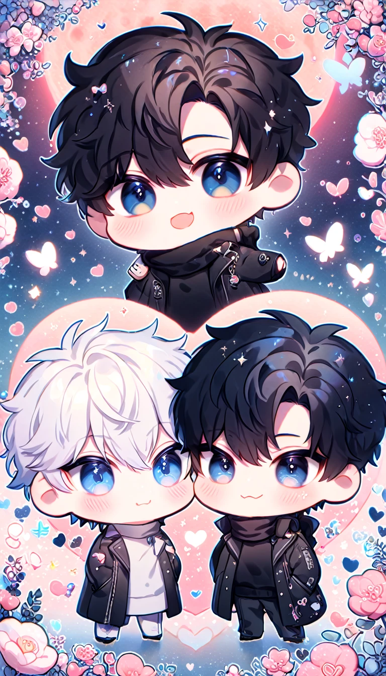 absurdres, highres, ultra detailed, HDR, master piece, best quality, extremely detailed face, delicated features, Kang Woojin chibi, black hair, messy hair, expressive dark blue eyes, Love Jinx, Gojou Satoru chibi, white hair, expressive blue eyes, white eyelashes, two boys together, gay couple, yaoi, cute, black coat, black sweater, black scarf, fantasy, magical, radiant, blossoms, pink flowers, pink butterflies, starry night, shining pink moon
