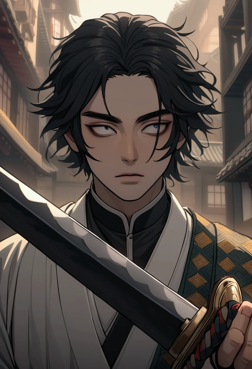 samurai　Japanese men　Slit eyes　Beardless　Long black hair　Hairstyle like Giyu Tomioka from Demon Slayer　Holding a Japanese sword　