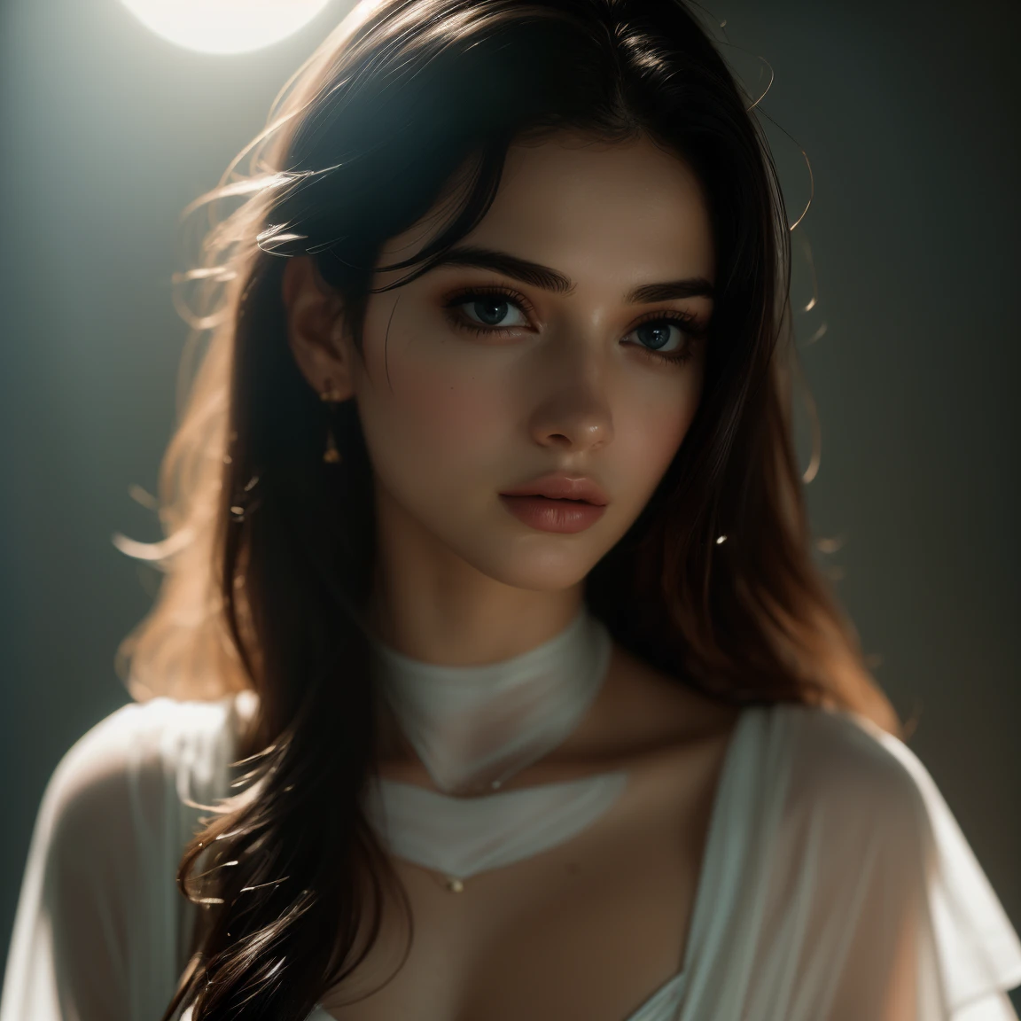 (((ultra realistic))) Photo, masterpiece, top quality, (pale skin), (Ultra detailed face and eyes:1.3), 1 girl(Indian beautiful girl), , round neck a shirt, (Eye makeup, mascara) , ((large detailed lips)), ((ash wavy long hair)), ((Chyolka)) , . ((Posing)), photoshoot, studio (soft lighting), (The play of light and shadows), depth of field, bokeh, (special attention to skin detail: 1.2), Detailed leather texture, skin pores. (Airy atmosphere of the frame. Color range - delicate, Bright, white, Pink tones), UDR, ((Film grain)), ((rays)), ((glare of the sun)), ((waist up portrait, close to the camera)) , ultra detialed,