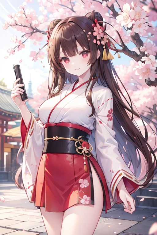 young girl, brown hair, red eyes,beautiful and detailed eyes, big breasts, long hair, happy smile,kimono,mini skirt,  (cherry blossom tree park )