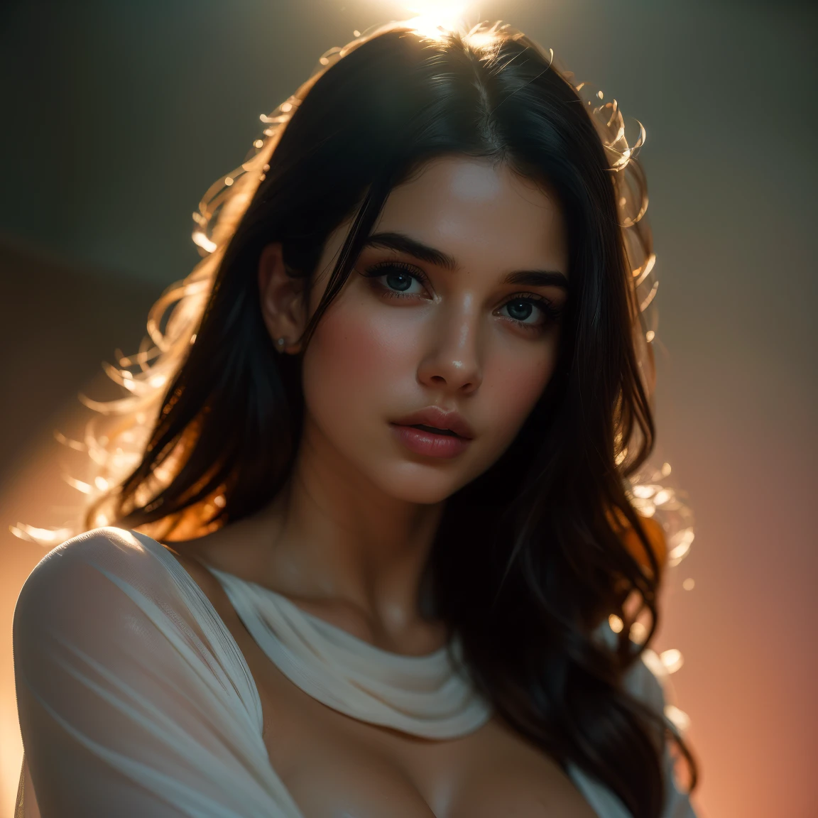 (RAW photo, best quality), ((Nostalgia,1980s syle)),(A indian girl with a literary atmosphere:1.2),(realistic, photo-realistic:1.3), extremely delicate and beautiful, Amazing, finely detail, brightly lit up , studio lights ,(Huge Boobs:1.3), masterpiece, ultra-detailed, highres,best illustration,intricate,depth of field,(closeup portrait of a young beautiful woman:1.2),long hair,messy hair,((((low key,dark scene,dimly lit)))),(((soft lighting:1.4))),(pale skin:1.4),(shy smile),(cinematic angle),sharp focus, volumetric fog, 8k UHD, DSLR, high quality,( film grain:1.4), Fujifilm XT3,(looking at viewer), pale skin