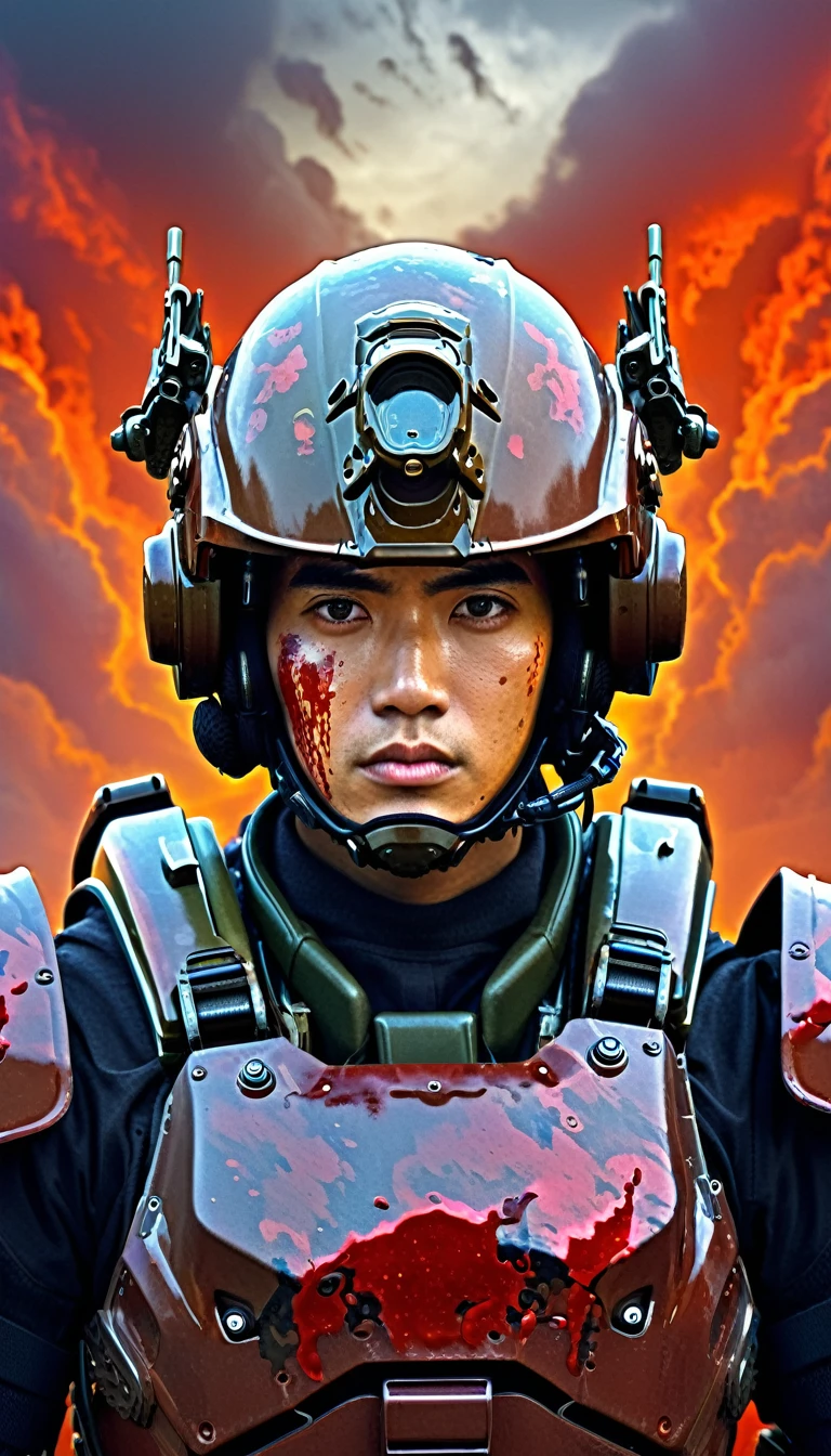 Close-up of a male soldier, half human, half machine, their faces partially obscured by military helmets. Their eyes are filled with sadness and longing. The background is a trail of blood and violence. He wears a mechanized robot armor, carved with animal elements, human skulls. The sky is filled with swirling, fiery clouds. The photo conveys a strong sense of the warrior's appearance.