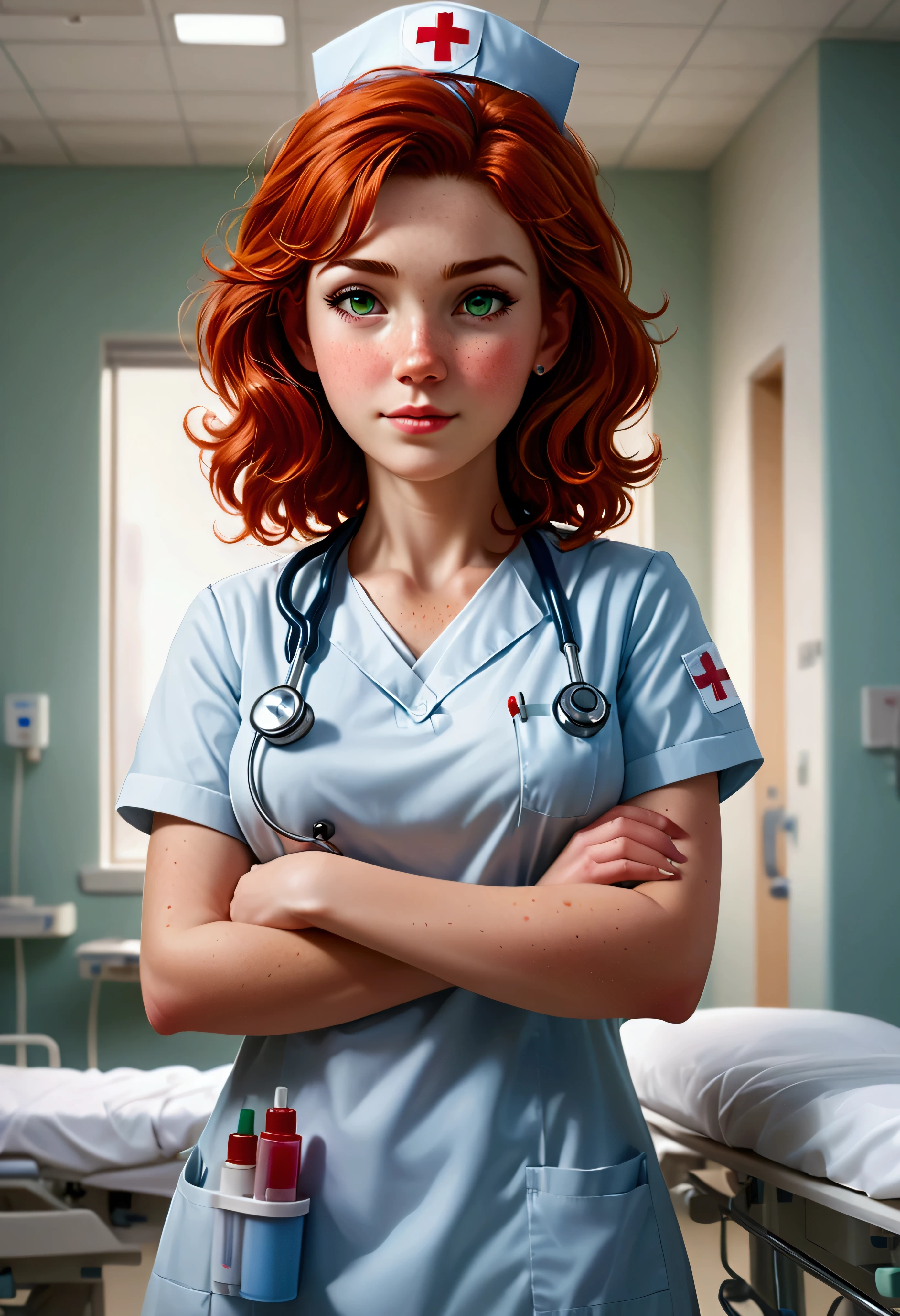 Create a stunning, ultra-high-definition image in 16K resolution that captures the serene and professional atmosphere of a modern hospital room with a realistic photo aesthetic. | Visualize a beautiful female nurse with cute freckles and vibrant red hair, embodying both kindness and competence. She has warm, expressive green eyes and a natural beauty that shines through her caring demeanor. She is dressed in a stylish yet practical nurse's outfit, featuring a crisp white uniform with light blue accents, a name tag, and comfortable, clean shoes. Her attire should blend traditional medical elements with subtle contemporary touches. | The scene is set in a bright and clean hospital room with advanced medical equipment, a patient bed, and large windows letting in natural light. The walls are painted in calming pastel colors, and the environment exudes a sense of calm and professionalism. | Capture the nurse in a dynamic yet gentle pose, perhaps with one hand holding a clipboard and the other adjusting an IV drip, as she attentively cares for a patient. Her expression should convey a mix of compassion and focus, with a hint of warmth. The camera angle should emphasize her full body, highlighting the details of her uniform and her attentive, nurturing presence. | The overall ambiance should integrate soothing colors and rich details, creating a sense of depth and immersion in this modern medical setting. Ensure anatomical correctness, with a focus on ultra-detailed textures and high-quality rendering, capturing every nuance of the nurse's appearance and her professional surroundings. This masterpiece should embody the spirit of care and dedication, immersing viewers in its lifelike depiction. | Keywords: (beautiful female nurse:1.3), ((realistic photo)), ((cute freckles):1.2), ((modern hospital)), ((attentive pose)).