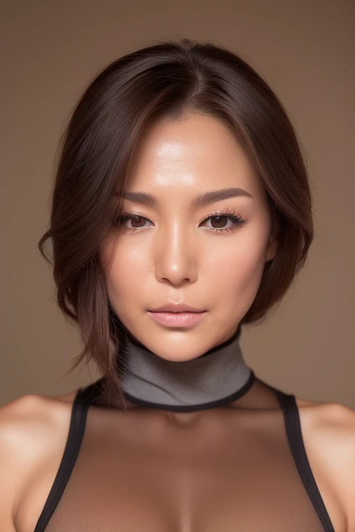 High resolution, High level image quality, high detail, masterpiece, rough skin, anatomically correct, sharp, gray background((japanese mature, 28 years old)), 独奏, ((close your eyes and open your mouth:1.1))、(Strong orgasm)、facial wrinkles, good shape big breasts, Straight dark brown hair that reaches to the shoulders, slim body shape (((stand upright, facing the center of the screen.))), Close your mouth and look straight ahead with a serious face, ((cowboy shot)),Searching for breastake an appeal、((Strong orgasm:1.0))wrinkles between eyebrows、turtleneck swimwear、(((o-face:1.1))),(Erect nipples)