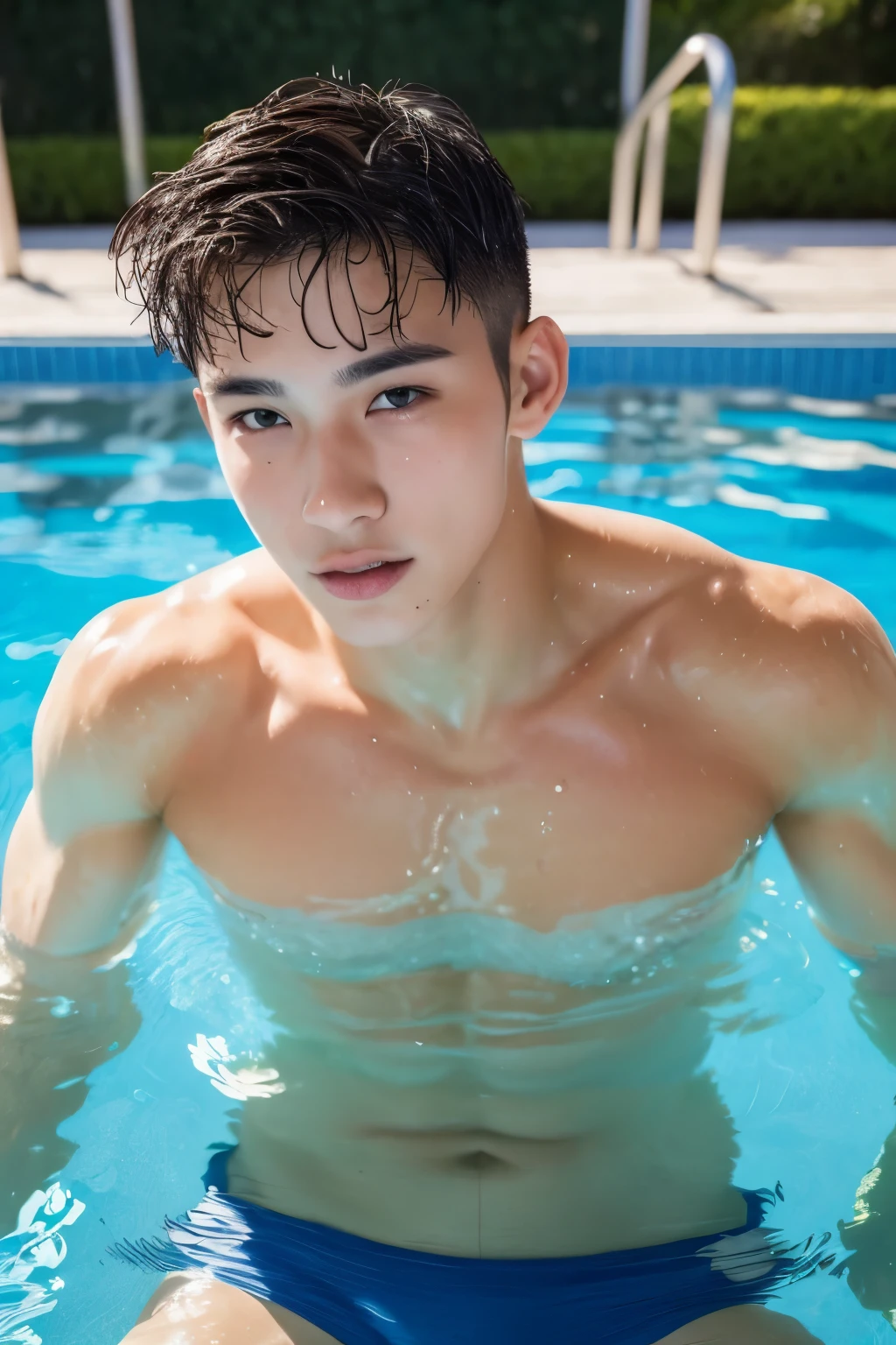 Portrait of muscular boy， mature，swimmingpool，18 year old boy，Wet with，tmasterpiece