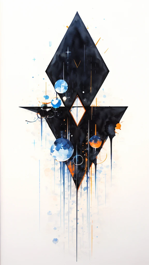 Symbolic abstraction, ((there is nothing)), ((Masseter muscle area)), ((Highest quality)), (Very detailed)), Black Background, Full Color, Extreme light and shadow, In the middle of the night, Abstract watercolor、quadrangle、triangle、Linear flash、Sparkling