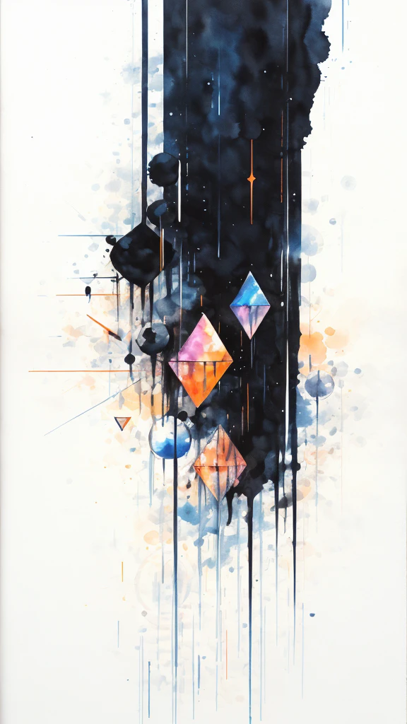 Symbolic abstraction,  ((there is nothing)), ((Masseter muscle area)), ((Highest quality)), (Very detailed)), Black Background, Full Color, Extreme light and shadow, In the middle of the night, Abstract watercolor、quadrangle、triangle、Linear flash、Sparkling