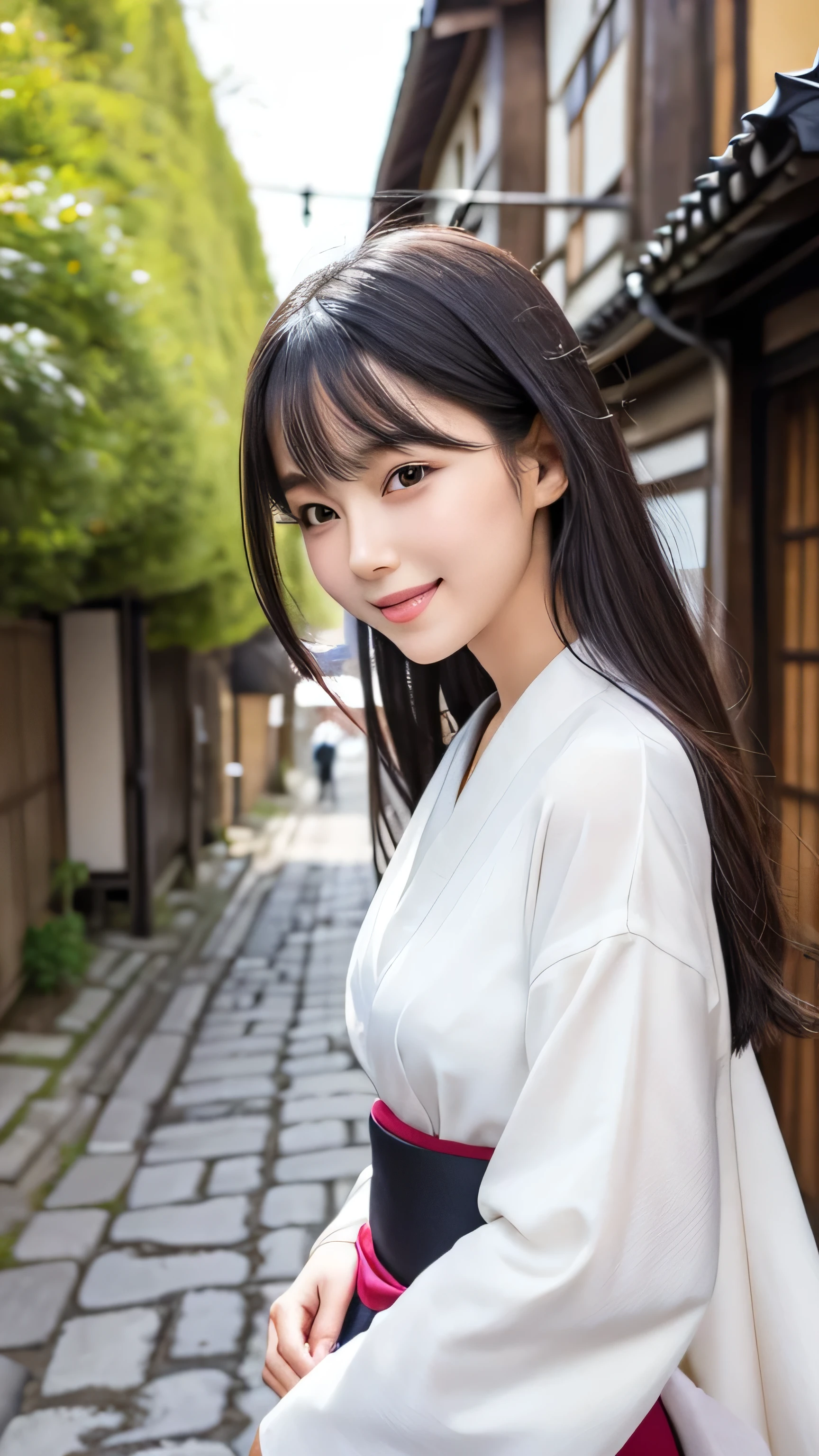 Create an ultra-realistic image of a 21-year-old Japanese woman named Kotone visiting Higashi Chaya District in Ishikawa. She has extremely long, perfectly straight black hair that flows down to her waist, with blunt bangs that cover her forehead. Her eyes are large and have double eyelids with black pupils, giving them a captivating and youthful appearance. Her face is delicate and innocent, with very thin eyebrows. Kotone's skin is smooth and flawless, resembling snow in its pure white color. She has a slender and well-proportioned body with a shapely bust size of 95 cm. Her complexion is flawless, without any wrinkles, and her natural makeup enhances her features subtly. She embodies a perfect balance of youthful charm and mature elegance, with a cute and innocent smile that adds warmth and affection to her appearance. Kotone is wearing a traditional kimono, blending in with the historical atmosphere. She is walking down the cobblestone streets, surrounded by beautifully preserved wooden teahouses. The lighting is warm and inviting, emphasizing the rich cultural heritage of the district.