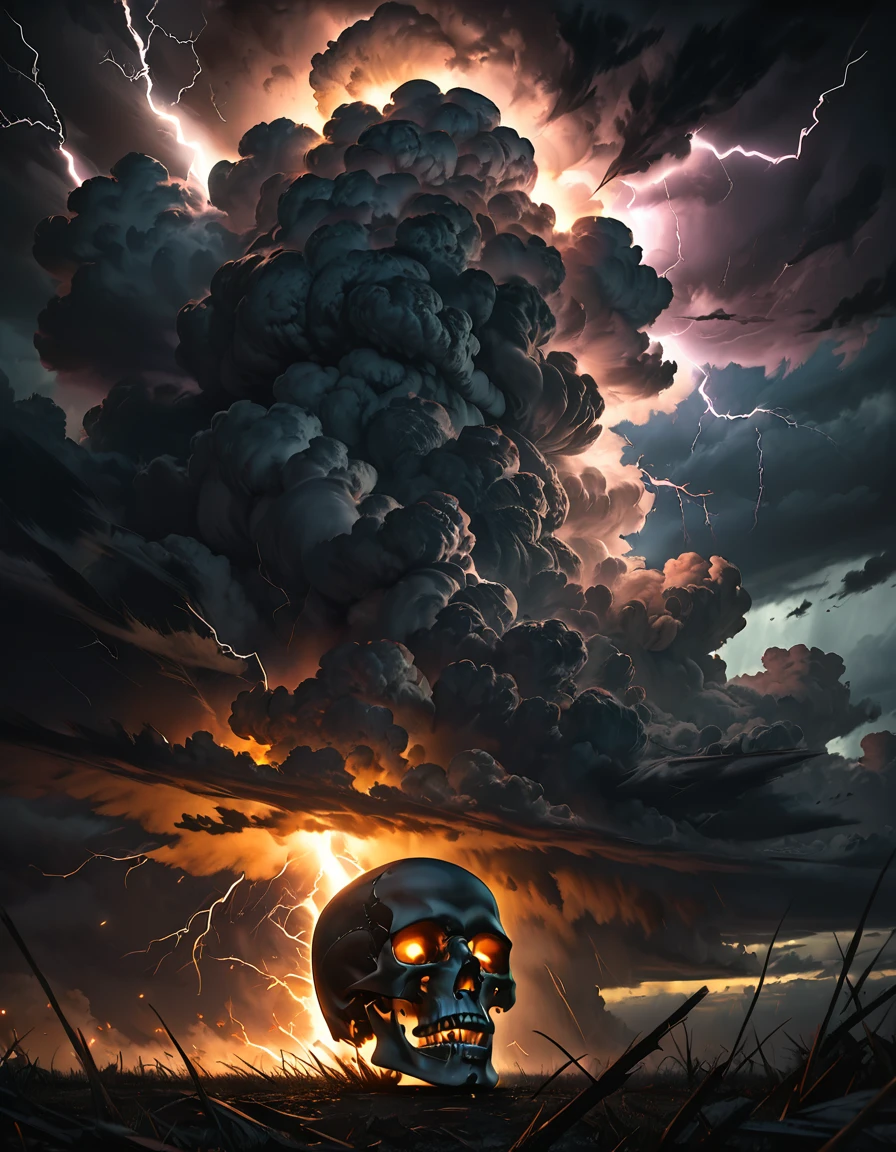 detailed oil painting of a lightning bolt striking a skull-shaped cloud, dramatic lighting, dark moody atmosphere, dramatic cinematic composition, highly detailed, hyperrealistic, dramatic lighting, chiaroscuro, moody, dark and stormy sky, dark clouds, dramatic clouds, realistic lightning bolt, photorealistic, intricate details, dramatic colors, rich textures, masterpiece