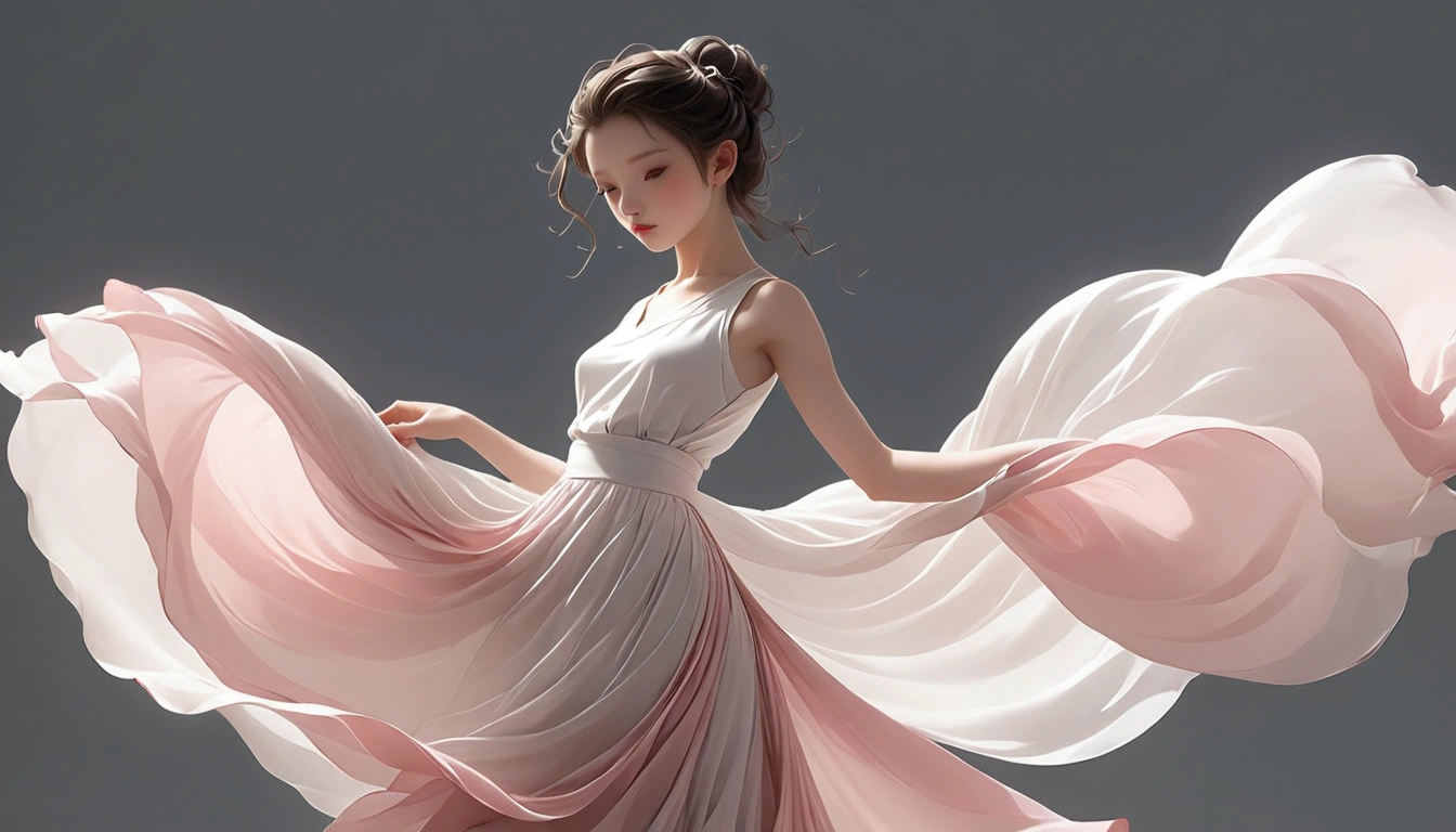 Dance photography；A dancer，Solitary；A  in a long skirt（Girl），Chinese style skirt，Pink white gradient，Conservative style，Smudged skirt hem；The movements of the dance；elegant，Flexible skirt，High-rise skirt；Long hair，Long hair披肩。whole body、panoramic，front； Simple style；Minimalism。Background of Flatness，Absolute pure color；White background，Pure white background；Low saturation，Gray tone；panoramic摄影；Depth of Field, Extraordinary details, masterpiece, high quality, 4K，cinematic lighting, motion blur, depth of field, sparkle, ray tracing, reflection light, anatomically correct, uhd, textured skin, best quality, super detail, highres, high details, accurate, high quality, award winning