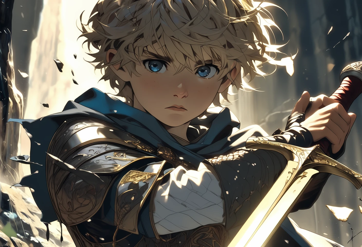 Closeup of a boy King Arthur, pulling Excalibur out of the stone. Eerie, unsettling, dark, spooky, suspenseful, grim, highly detailed