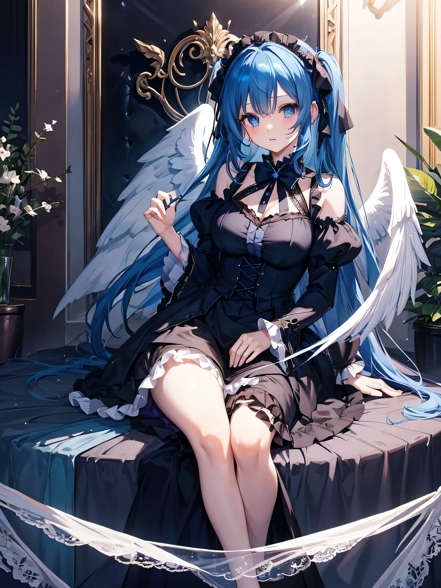 anime angel girl with blue hair and wings sitting on the ground, trending on artstation pixiv, digital art on pixiv, beautiful fantasy anime, beautiful anime artwork, beautiful anime art, rem rezero, top rated on pixiv, guweiz on pixiv artstation, pixiv contest winner, of an beautiful angel girl, beautiful anime girl, detailed drawn beautiful eyes, detailed beautiful large breast