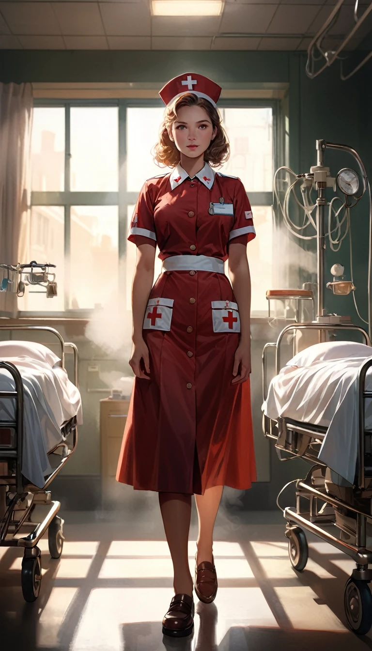 Digital painting, a 25 year old woman working as a nurse in a war hospital during World War II, helping wounded soldiers, full body shot, highly detailed, realistic, masterpiece, cinematic lighting, warm tones, depth of field, volumetric fog, dramatic shadows, realistic human anatomy, medical equipment, hospital interior, ww2 uniform