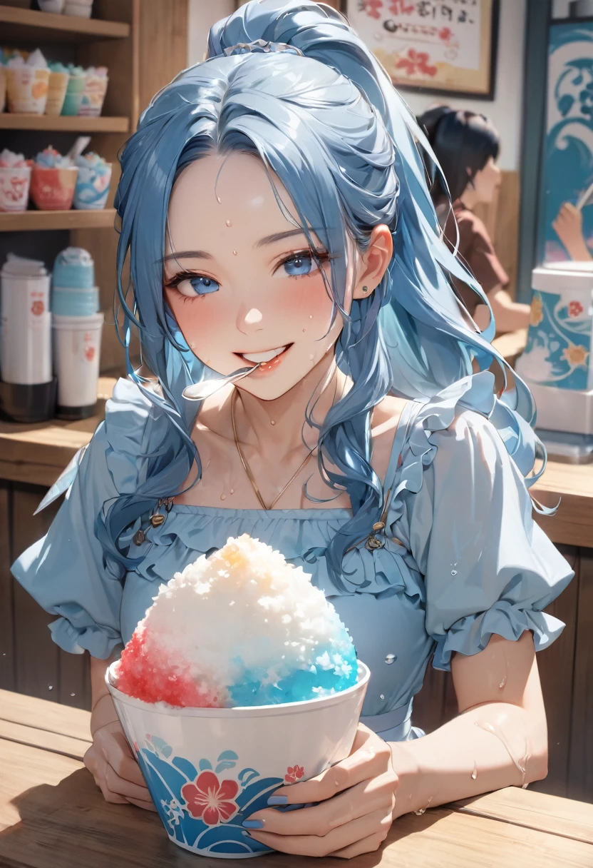 (sweaty skin style), (solo:2, 15 yo), (beautiful forehead and ponytail), (beautiful detailed blue hair, long hair) (best lovely girl, cool beautiful blue eyes, glossy lip, , best happy smile:1.1), in a Layered frills cute blue one piece dress), break, in the japanese Shaved Ice Shop, girl is eating shaved Ice, While using a spoon, BREAK, perfect anatomy, masterpiece, best quality, 16k, beautiful detailed summer, daydreaming expression.
