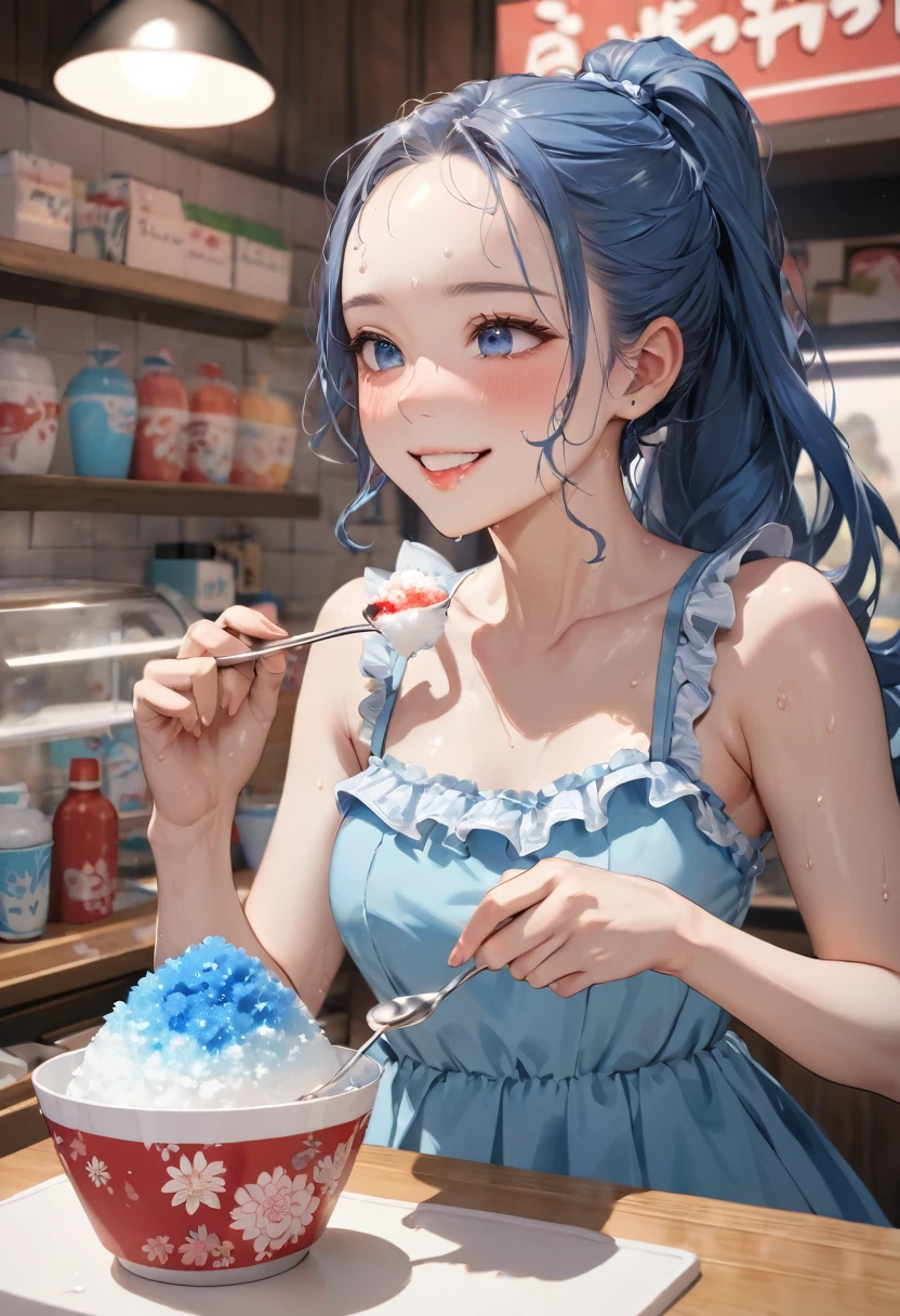 (sweaty skin style), (solo:2, 15 yo), (beautiful forehead and ponytail), (beautiful detailed blue hair, long hair) (best lovely girl, cool beautiful blue eyes, glossy lip, , best happy smile:1.1), in a Layered frills cute blue one piece dress), break, in the japanese Shaved Ice Shop, girl is eating shaved Ice, While using a spoon, BREAK, perfect anatomy, masterpiece, best quality, 16k, beautiful detailed summer, daydreaming expression.
