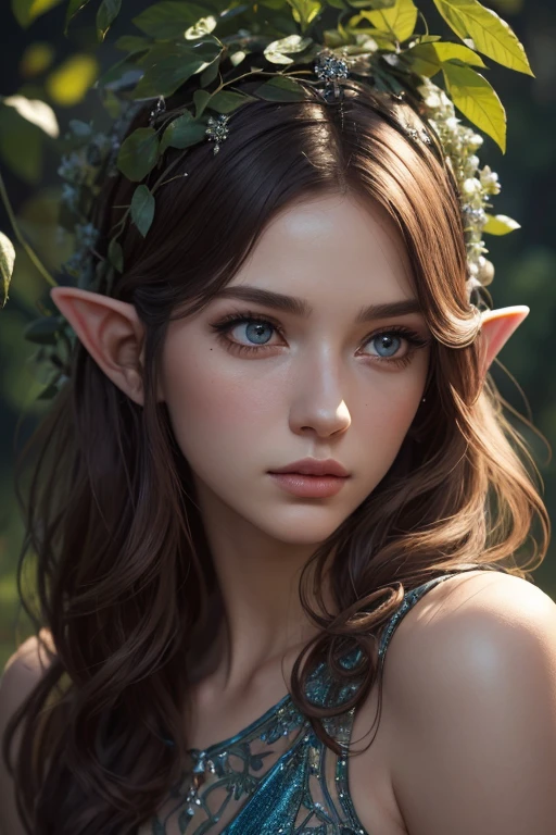 A mature elf lying in the foliage, with big red wavy hair, wearing transparent silk clothes, plump figure, delicate facial features, beautiful detailed eyes, beautiful detailed lips, extremely detailed face, long eyelashes, (best quality, 4k, 8k, highres, masterpiece:1.2), ultra-detailed, (realistic, photorealistic, photo-realistic:1.37), Nordic woman, approximately 18 years old,((closeup visto de cima) surreal, ethereal, dramatic lighting, detailed foliage, intricate details, vivid colors, fantasy, cinematic