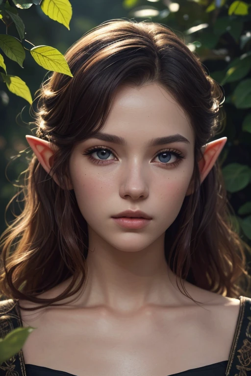 A mature elf lying in the foliage, with big red wavy hair, wearing transparent silk clothes, plump figure, delicate facial features, beautiful detailed eyes, beautiful detailed lips, extremely detailed face, long eyelashes, (best quality, 4k, 8k, highres, masterpiece:1.2), ultra-detailed, (realistic, photorealistic, photo-realistic:1.37), Nordic woman, approximately 18 years old,((closeup visto de cima) surreal, ethereal, dramatic lighting, detailed foliage, intricate details, vivid colors, fantasy, cinematic