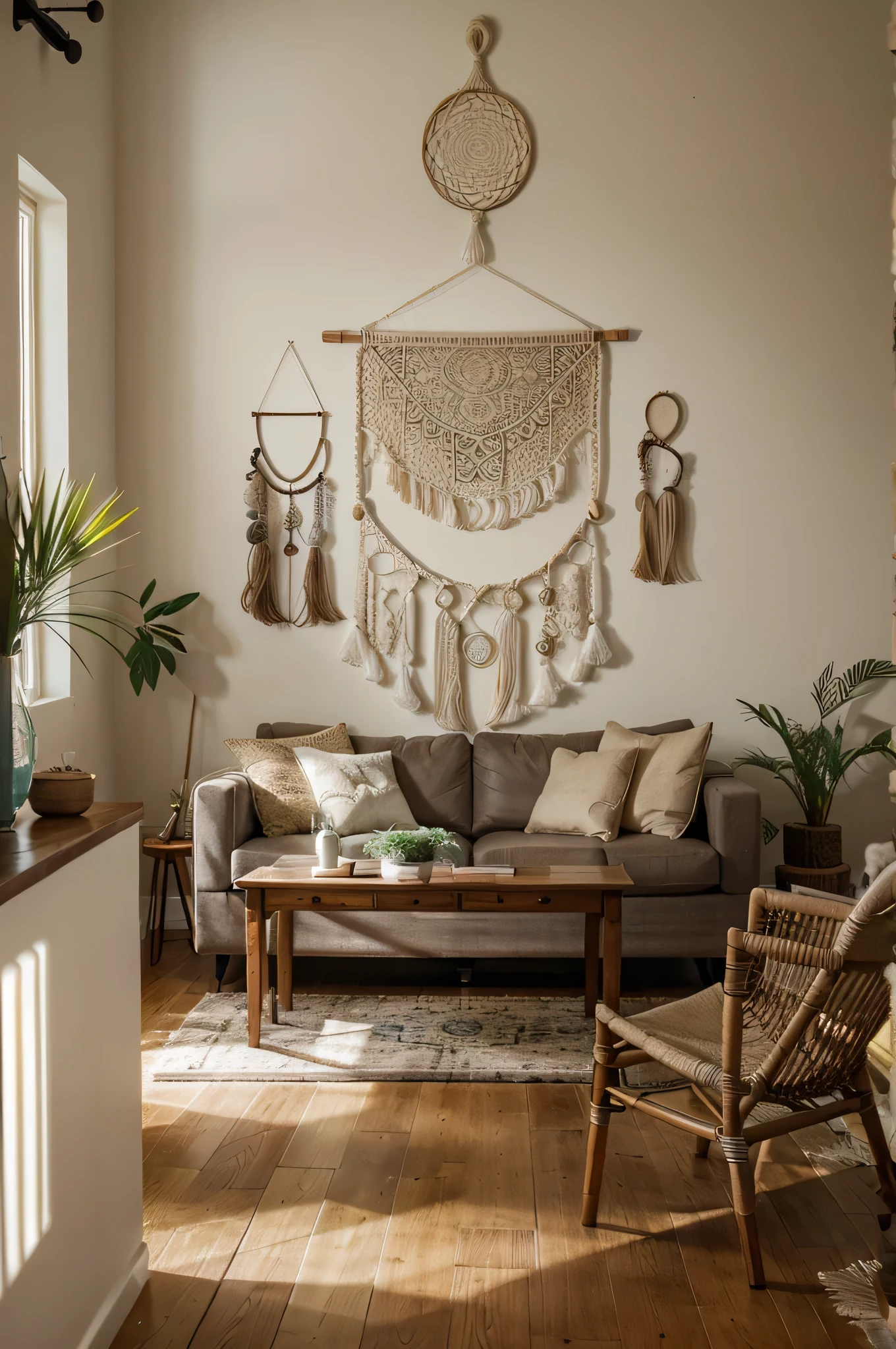 A living room with neutral walls featuring woven macrame wall hangings and dreamcatchers