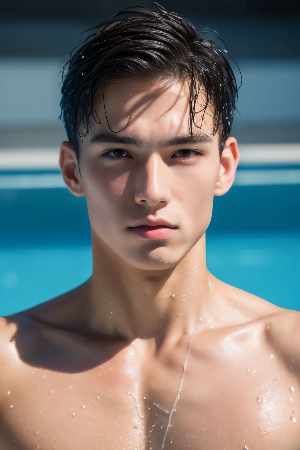 Portrait of muscular boy, mature,swimmingpool,18 year old boy,Wet with,tmasterpiece