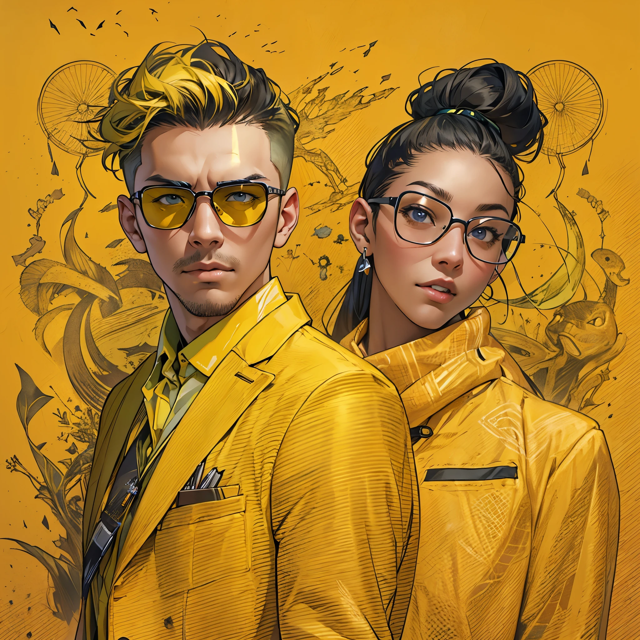 Inspired by the masters of MBTI、Create an image of a man and a woman wearing yellow clothes。Be original and creative、Make the image stylish and cool。