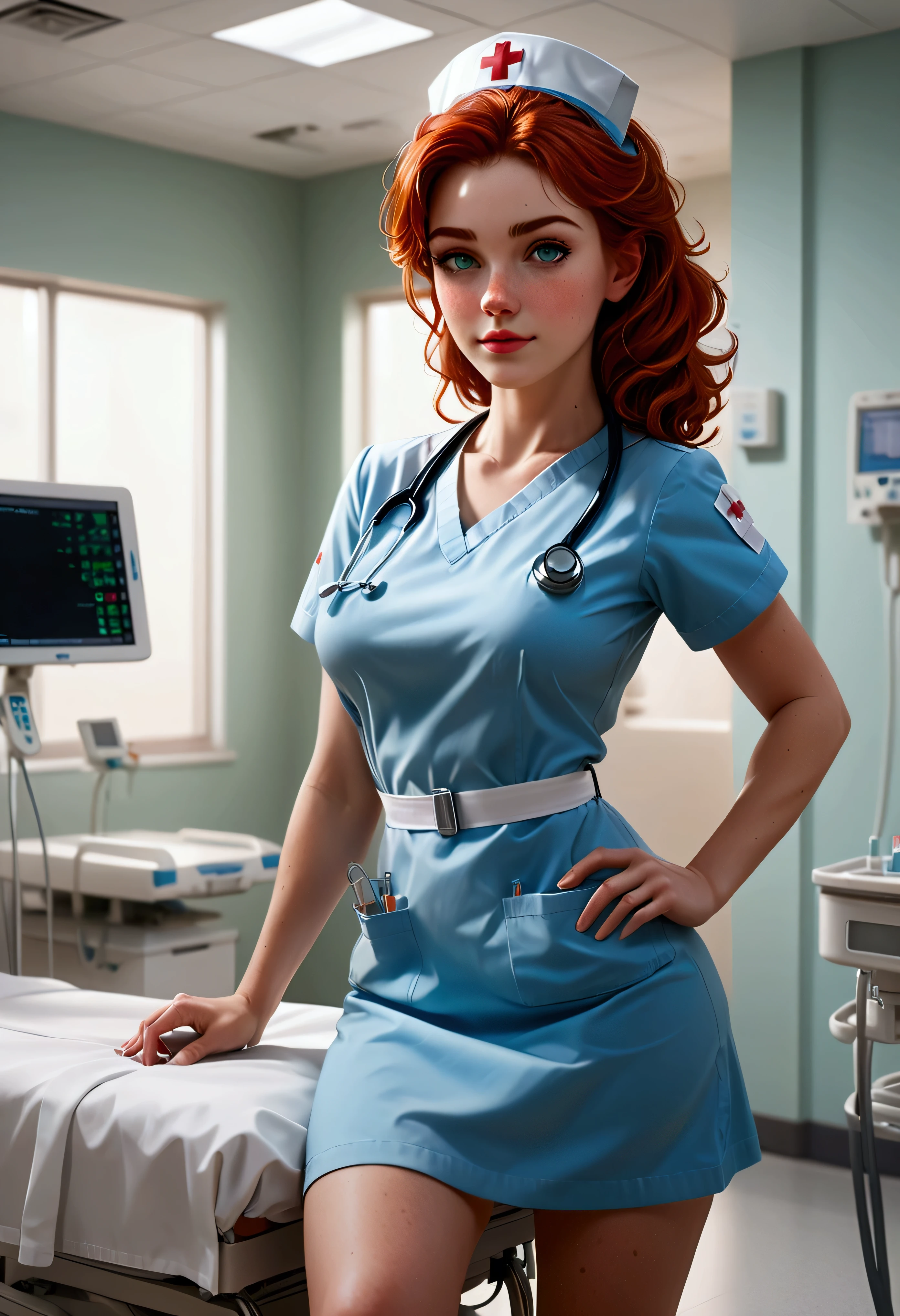 Create a stunning, ultra-high-definition image in 16K resolution that captures the serene and professional atmosphere of a modern hospital room with a realistic photo aesthetic. | Visualize a beautiful female nurse with cute freckles and vibrant red hair, embodying both kindness and competence. She has warm, expressive green eyes and a natural beauty that shines through her caring demeanor. She is dressed in a stylish yet practical nurse's outfit, featuring a crisp white uniform with light blue accents, a name tag, and comfortable, clean shoes. Her attire should blend traditional medical elements with subtle contemporary touches. | The scene is set in a bright and clean hospital room with advanced medical equipment, a patient bed, and large windows letting in natural light. The walls are painted in calming pastel colors, and the environment exudes a sense of calm and professionalism. | Capture the nurse in a dynamic yet gentle pose, perhaps with one hand holding a clipboard and the other adjusting an IV drip, as she attentively cares for a patient. Her expression should convey a mix of compassion and focus, with a hint of warmth. The camera angle should emphasize her full body, highlighting the details of her uniform and her attentive, nurturing presence. | The overall ambiance should integrate soothing colors and rich details, creating a sense of depth and immersion in this modern medical setting. Ensure anatomical correctness, with a focus on ultra-detailed textures and high-quality rendering, capturing every nuance of the nurse's appearance and her professional surroundings. This masterpiece should embody the spirit of care and dedication, immersing viewers in its lifelike depiction. | Keywords: (beautiful female nurse:1.3), ((realistic photo)), ((cute freckles):1.2), ((modern hospital)), ((attentive pose)).