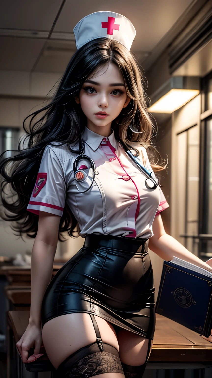 Highest quality, 16K, Unbelievably absurd, Very detailed, 2.5D, delicate and dynamic, spooky, formal, Dim Hospital, Gothic, Creepy, Examination table, Suspiciously large skeleton, Anatomy, Thick book, , , , , , Small face, Very delicate look, Delicate eye depiction, Close-up, erotic, Sexy Woman, Cool woman, Long black wavy hair, Healthy body shape, 25-year-old woman, mad nurse, mad scientist, height: 170cm, A large, swaying bust, Sexy long legs, nurse, treat, Stethoscope, Calm expression, Complicated nurse costume, Nurse costume in chic colors, Tight Skirt, garter belt, Fishnet tights, , , ,