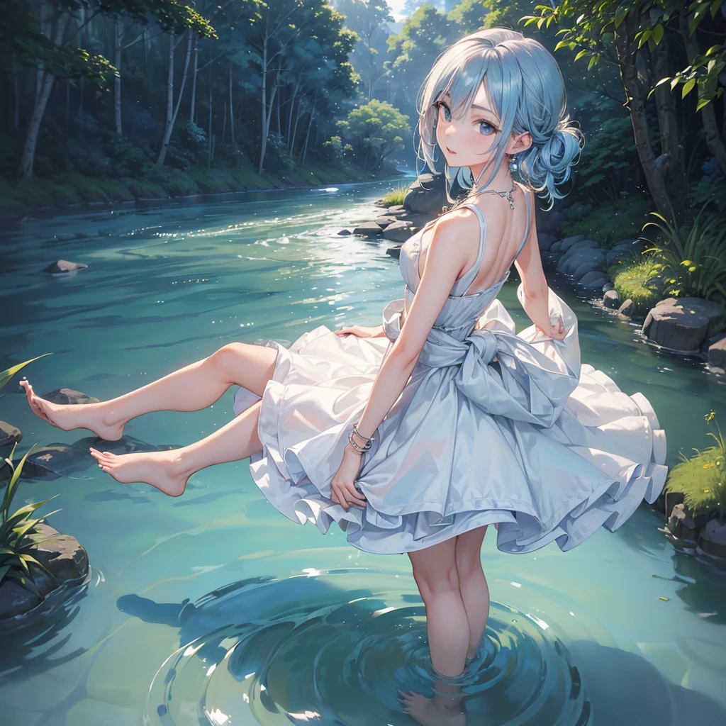 ((Biologically correct limb count)),(( From head to toe,Full-body photo including face)),4K,((Standing position)),masterpiece,((Focus on the face)),((Symmetrical facial features)),Eyes with detailed description,Beautiful woman,Great style,Beautiful arms,Beautiful legs,Beautiful Hands,(Small Ass,Thin thighs),Detailed depiction of the face,Small earrings,necklace,(White dress,((evening,Wading in the river up to the waist)),((blue blonde)),Realistic photo,Focus on the face