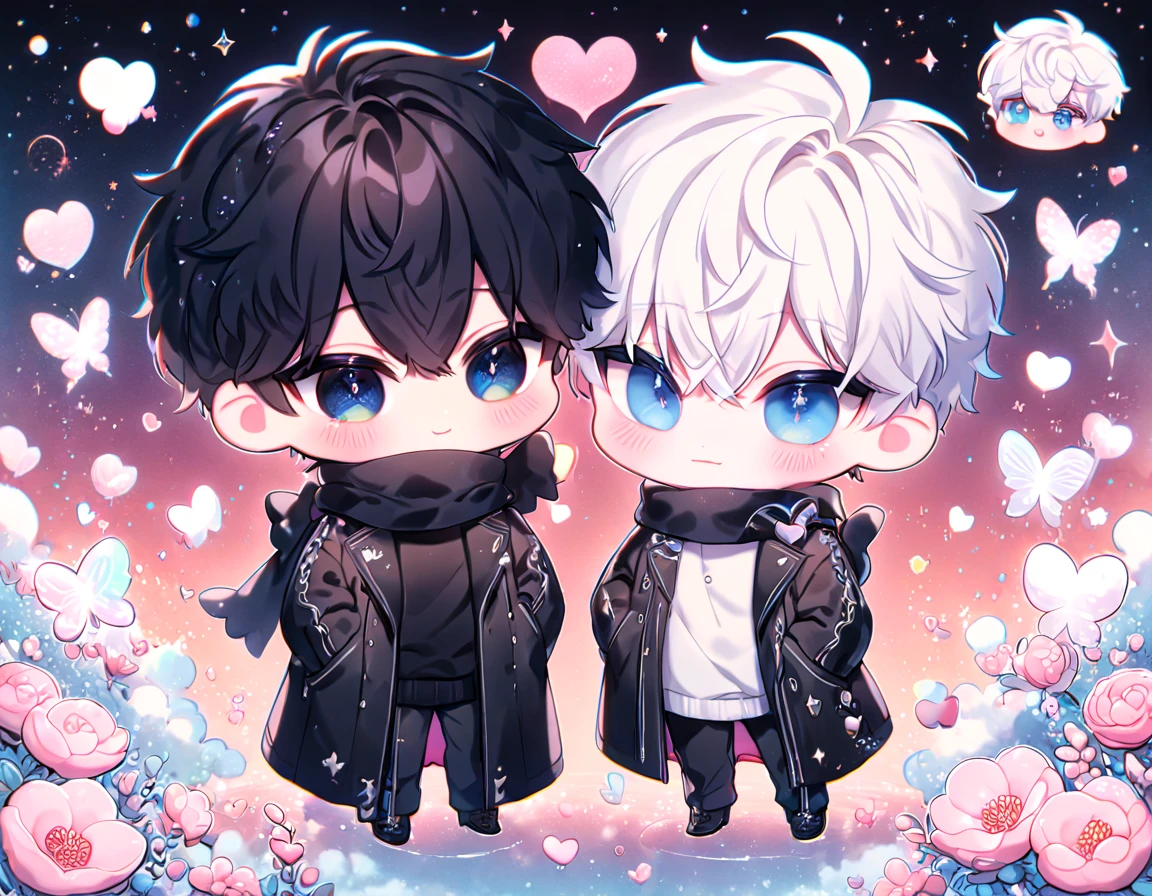 absurdres, highres, ultra detailed, HDR, master piece, best quality, extremely detailed face, delicated features, Kang Woojin chibi, black hair, messy hair, expressive dark blue eyes, Love Jinx, Gojou Satoru chibi, white hair, expressive blue eyes, white eyelashes, two boys together, gay couple, yaoi, cute, black coat, black sweater, black scarf, fantasy, magical, radiant, blossoms, pink flowers, pink butterflies, starry night, shining pink moon