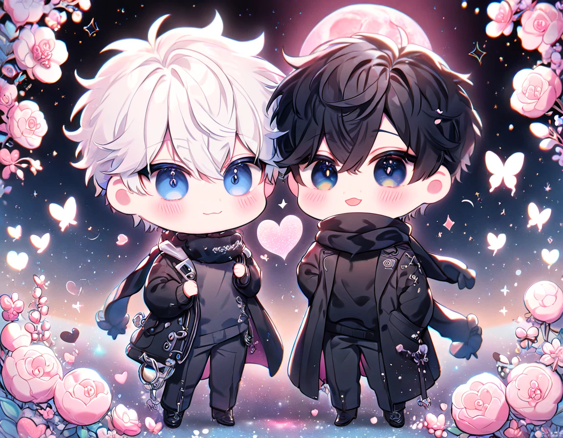 absurdres, highres, ultra detailed, HDR, master piece, best quality, extremely detailed face, delicated features, Kang Woojin chibi, black hair, messy hair, expressive dark blue eyes, Love Jinx, Gojou Satoru chibi, white hair, expressive blue eyes, white eyelashes, two boys together, gay couple, yaoi, cute, black coat, black sweater, black scarf, fantasy, magical, radiant, blossoms, pink flowers, pink butterflies, starry night, shining pink moon