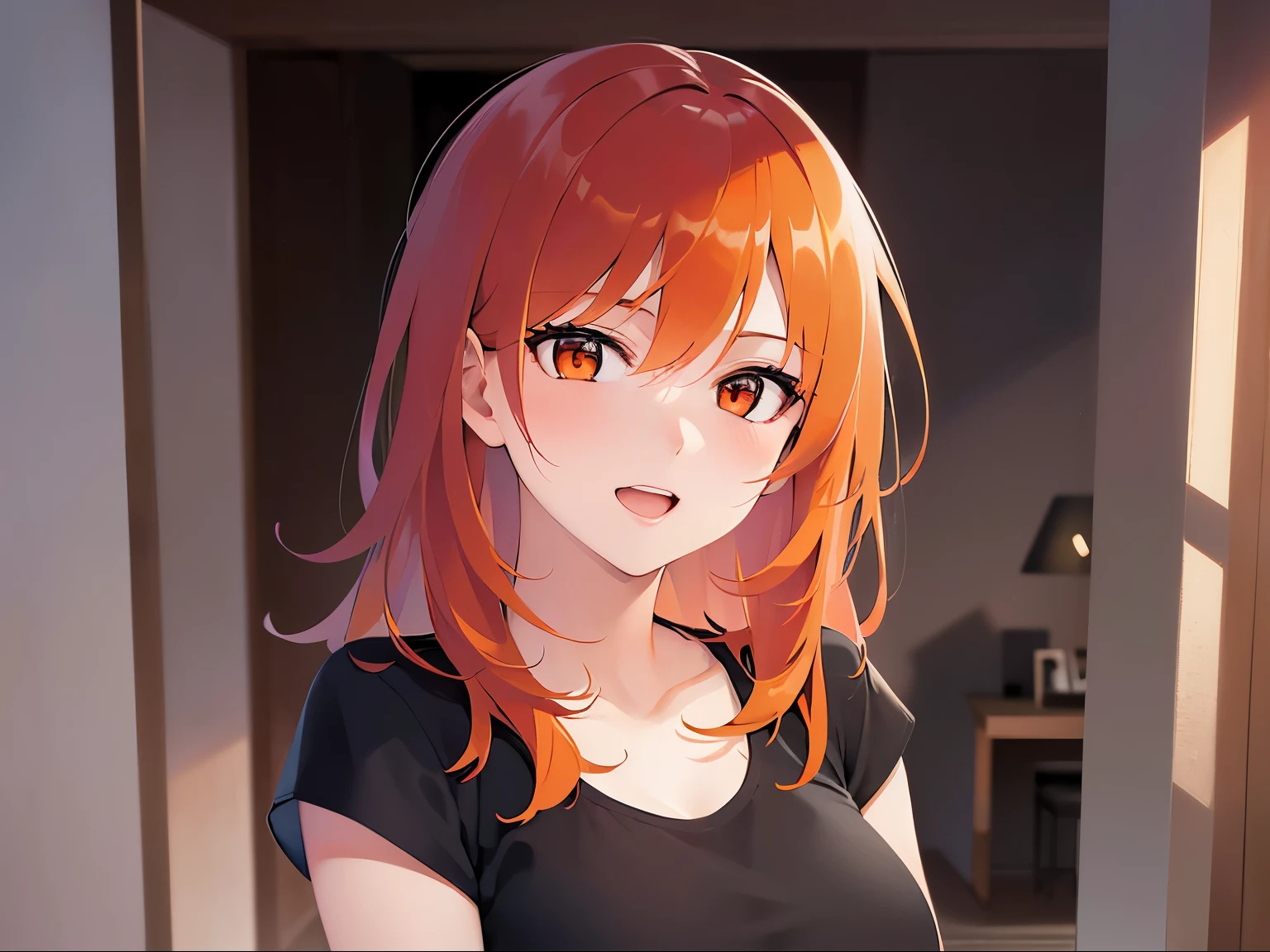 Realistic, real person, RAW photo, photorealistic, portrait photography, shiny skin, 31-year-old woman,(Medium Hair) and (red hair) and (orange eyes:1.5),BREAK(Wearing a black T-shirt)BREAK,smile, open mouth, blush, The background is the living room、Alone