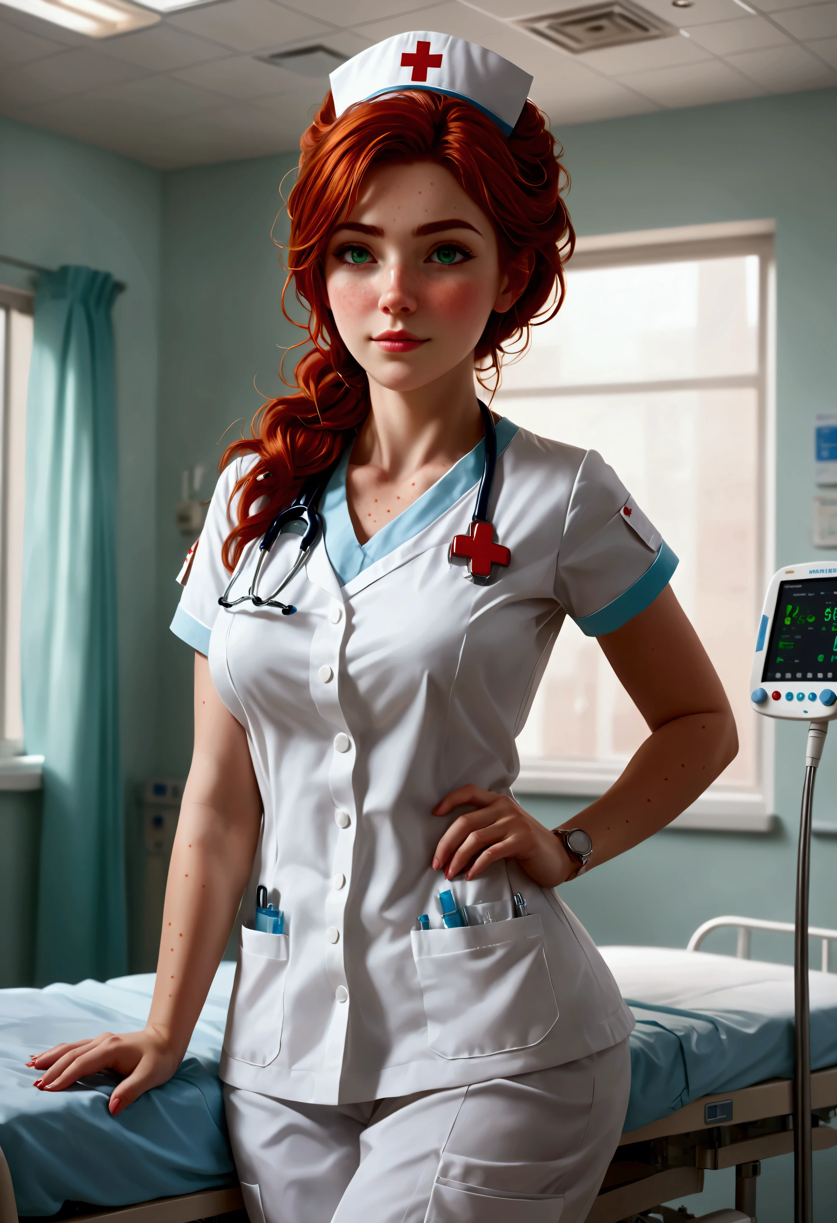 Create a stunning, ultra-high-definition image in 16K resolution that captures the serene and professional atmosphere of a modern hospital room with a realistic photo aesthetic. | Visualize a beautiful female nurse with cute freckles and vibrant red hair, embodying both kindness and competence. She has warm, expressive green eyes and a natural beauty that shines through her caring demeanor. She is dressed in a stylish yet practical nurse's outfit, featuring a crisp white uniform with light blue accents, a name tag, and comfortable, clean shoes. Her attire should blend traditional medical elements with subtle contemporary touches. | The scene is set in a bright and clean hospital room with advanced medical equipment, a patient bed, and large windows letting in natural light. The walls are painted in calming pastel colors, and the environment exudes a sense of calm and professionalism. | Capture the nurse in a dynamic yet gentle pose, perhaps with one hand holding a clipboard and the other adjusting an IV drip, as she attentively cares for a patient. Her expression should convey a mix of compassion and focus, with a hint of warmth. The camera angle should emphasize her full body, highlighting the details of her uniform and her attentive, nurturing presence. | The overall ambiance should integrate soothing colors and rich details, creating a sense of depth and immersion in this modern medical setting. Ensure anatomical correctness, with a focus on ultra-detailed textures and high-quality rendering, capturing every nuance of the nurse's appearance and her professional surroundings. This masterpiece should embody the spirit of care and dedication, immersing viewers in its lifelike depiction. | Keywords: (beautiful female nurse:1.3), ((realistic photo)), ((cute freckles):1.2), ((modern hospital)), ((attentive pose)).