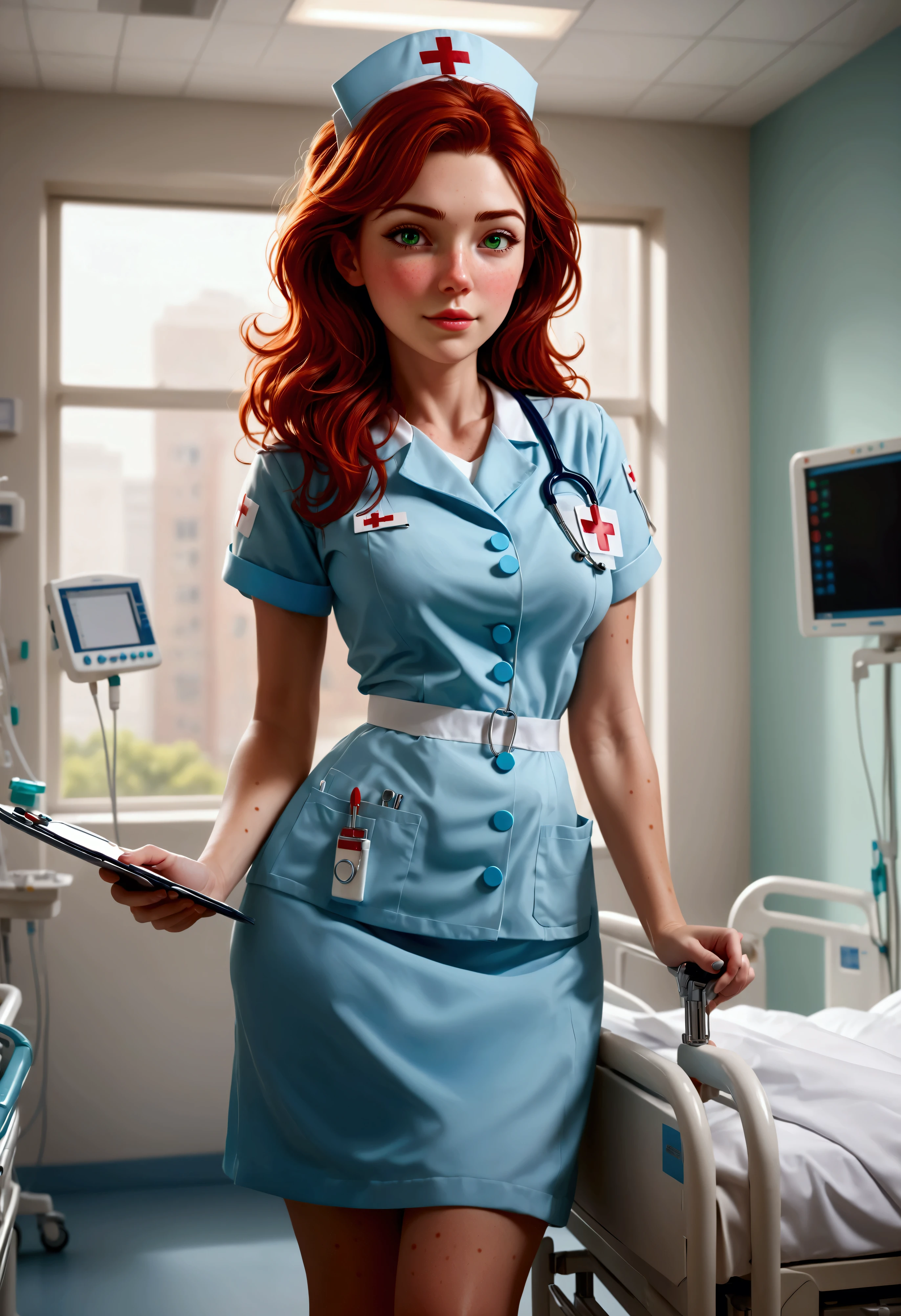 Create a stunning, ultra-high-definition image in 16K resolution that captures the serene and professional atmosphere of a modern hospital room with a realistic photo aesthetic. | Visualize a beautiful female nurse with cute freckles and vibrant red hair, embodying both kindness and competence. She has warm, expressive green eyes and a natural beauty that shines through her caring demeanor. She is dressed in a stylish yet practical nurse's outfit, featuring a crisp white uniform with light blue accents, a name tag, and comfortable, clean shoes. Her attire should blend traditional medical elements with subtle contemporary touches. | The scene is set in a bright and clean hospital room with advanced medical equipment, a patient bed, and large windows letting in natural light. The walls are painted in calming pastel colors, and the environment exudes a sense of calm and professionalism. | Capture the nurse in a dynamic yet gentle pose, perhaps with one hand holding a clipboard and the other adjusting an IV drip, as she attentively cares for a patient. Her expression should convey a mix of compassion and focus, with a hint of warmth. The camera angle should emphasize her full body, highlighting the details of her uniform and her attentive, nurturing presence. | The overall ambiance should integrate soothing colors and rich details, creating a sense of depth and immersion in this modern medical setting. Ensure anatomical correctness, with a focus on ultra-detailed textures and high-quality rendering, capturing every nuance of the nurse's appearance and her professional surroundings. This masterpiece should embody the spirit of care and dedication, immersing viewers in its lifelike depiction. | Keywords: (beautiful female nurse:1.3), ((realistic photo)), ((cute freckles):1.2), ((modern hospital)), ((attentive pose)).