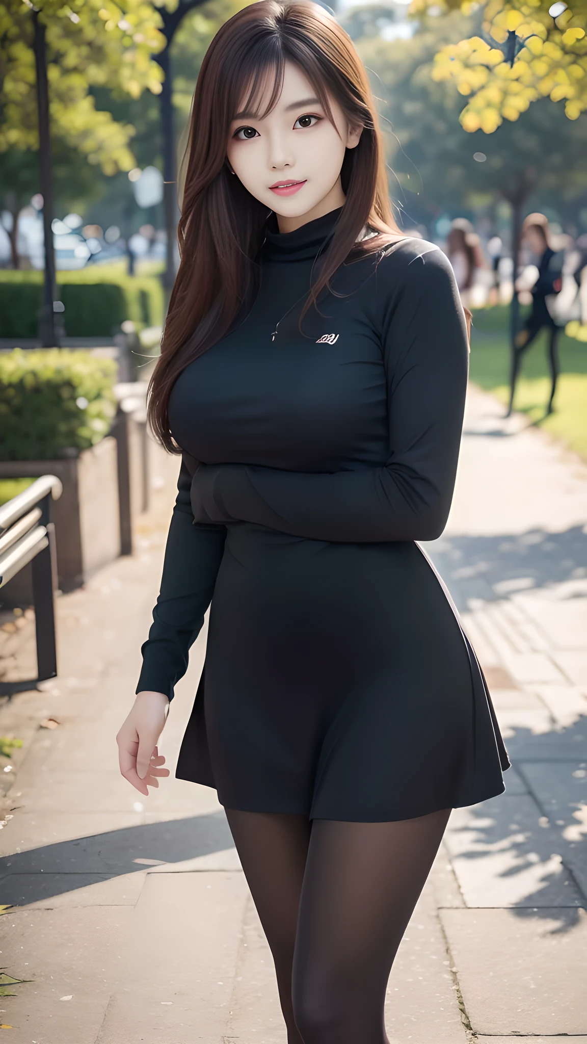 ulzzang-6500-v1.1, (RAW Photos:1.2), (Photorealistic), (Genuine:1.4), 1girl、Perfect Anatomy、20 years old、Looking at the camera、Medium Long Hair、uniform、dress, (( in the park :1.2))、(Ultra-realistic pantyhose:1.2), (Business services)、Asian Eyes Ella,