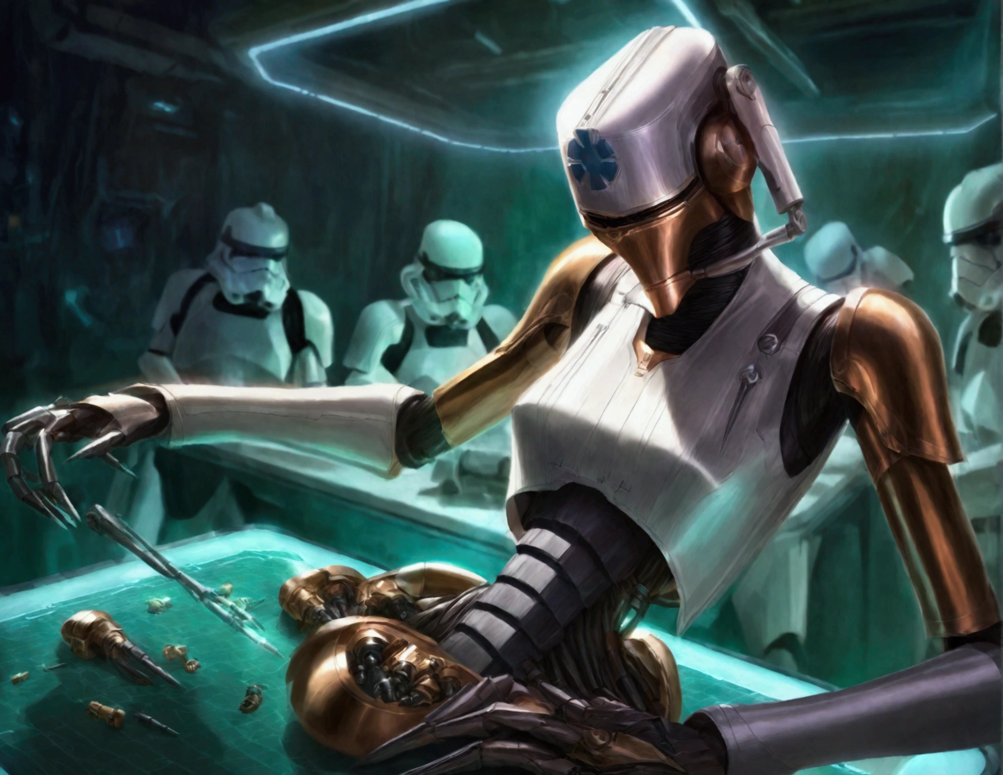 (a nurse droid, vaguely female, very human face, lots of spindly metal tool arms) stitching pieces of stormtroopers on a medical table, to create new stormtroopers, star wars, intricate mechanical details, highly detailed, cinematic lighting, dramatic shadows, vibrant colors, futuristic, science fiction, concept art style