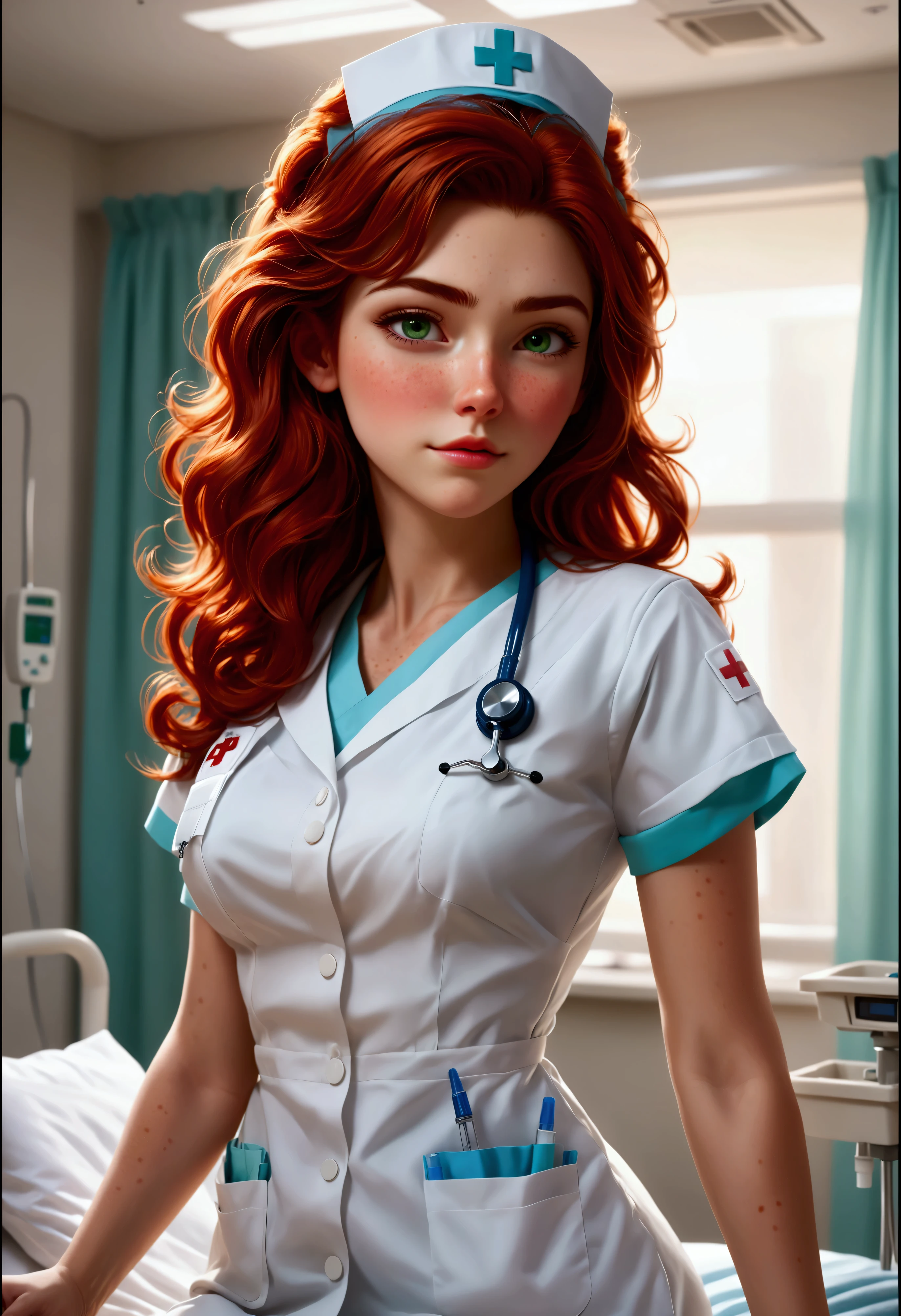 Create a stunning, ultra-high-definition image in 16K resolution that captures the serene and professional atmosphere of a modern hospital room with a realistic photo aesthetic. | Visualize a beautiful female nurse with cute freckles and vibrant red hair, embodying both kindness and competence. She has warm, expressive green eyes and a natural beauty that shines through her caring demeanor. She is dressed in a stylish yet practical nurse's outfit, featuring a crisp white uniform with light blue accents, a name tag, and comfortable, clean shoes. Her attire should blend traditional medical elements with subtle contemporary touches. | The scene is set in a bright and clean hospital room with advanced medical equipment, a patient bed, and large windows letting in natural light. The walls are painted in calming pastel colors, and the environment exudes a sense of calm and professionalism. | Capture the nurse in a dynamic yet gentle pose, perhaps with one hand holding a clipboard and the other adjusting an IV drip, as she attentively cares for a patient. Her expression should convey a mix of compassion and focus, with a hint of warmth. The camera angle should emphasize her full body, highlighting the details of her uniform and her attentive, nurturing presence. | The overall ambiance should integrate soothing colors and rich details, creating a sense of depth and immersion in this modern medical setting. Ensure anatomical correctness, with a focus on ultra-detailed textures and high-quality rendering, capturing every nuance of the nurse's appearance and her professional surroundings. This masterpiece should embody the spirit of care and dedication, immersing viewers in its lifelike depiction. | Keywords: (beautiful female nurse:1.3), ((realistic photo)), ((cute freckles):1.2), ((modern hospital)), ((attentive pose)).