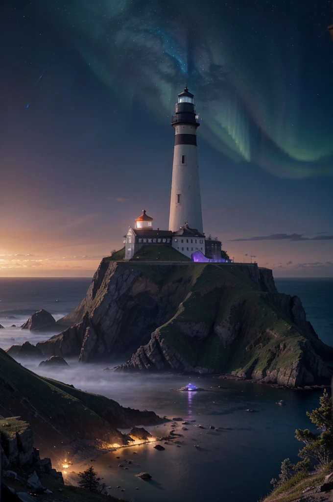 A lighthouse with a bright blue and purple aurora light above it on a cliff, Max Rive, fantasy art by Jessica Rossier, Marc Adamus, Lt. Alexander Kucharsky, beautiful digital artwork, magical colors and atmosphere, amazing wallpaper, beautiful wallpaper, magnificent background, Conceptual art, awesome atmosphere, Lt. Jessica Rossier, beautiful and aesthetic, dream matte painting, incredibly epic images